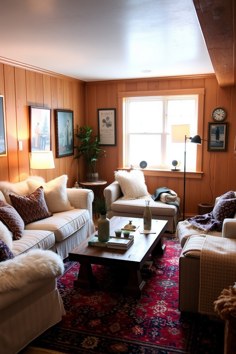 A cozy winter basement retreat featuring plush seating arrangements with oversized cushions and soft throws. The walls are adorned with warm wood paneling, and a vintage rug adds character to the space, grounding the room with rich colors and intricate patterns. In one corner, a rustic wooden coffee table sits atop the rug, surrounded by a mix of modern and vintage decor pieces. Soft, ambient lighting from stylish floor lamps creates a warm and inviting atmosphere perfect for relaxation.