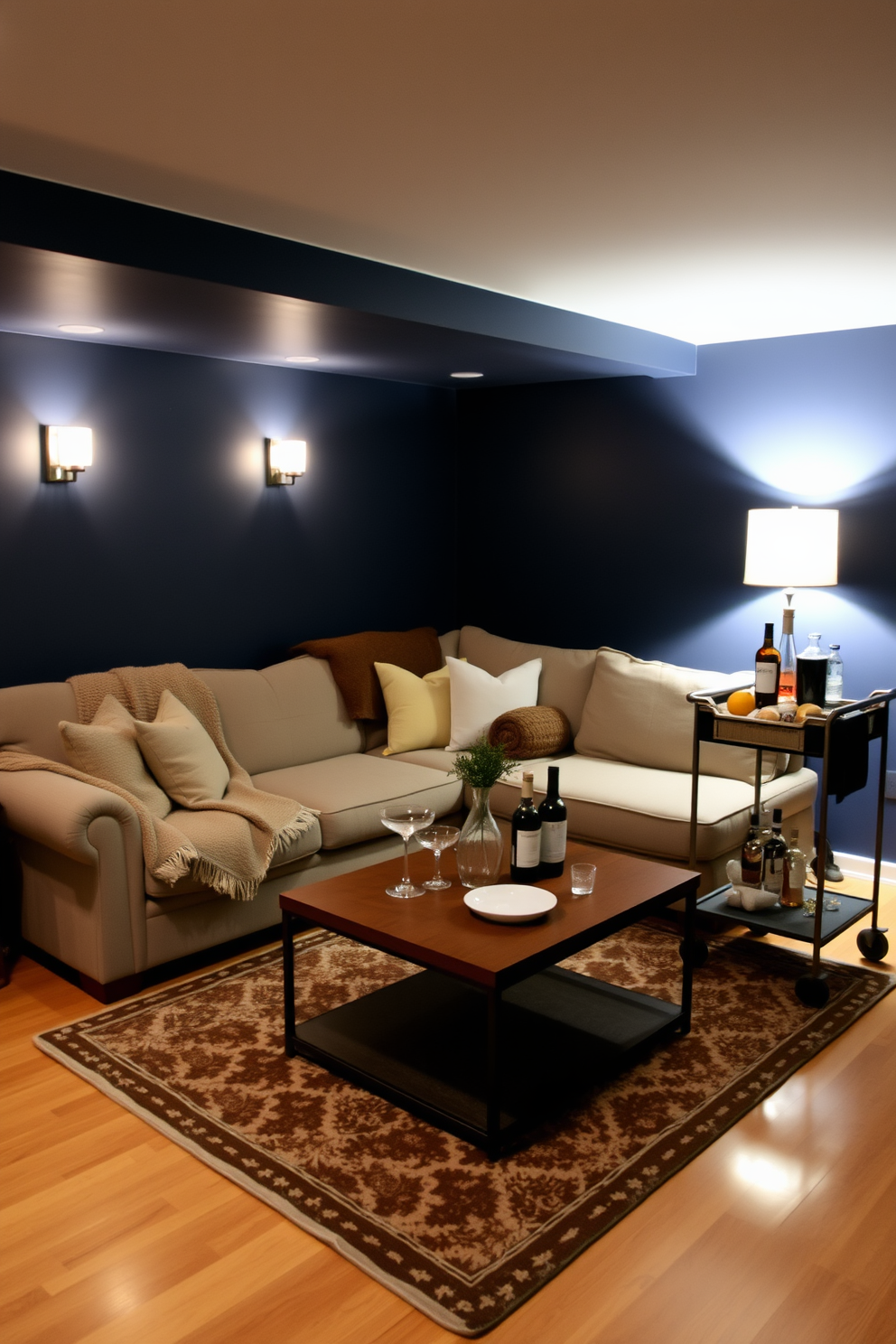 A cozy winter basement retreat designed for relaxation and entertainment. The space features a plush sectional sofa adorned with warm, textured throw blankets, and a stylish small bar cart stocked with an assortment of drinks and glassware. The walls are painted in a rich navy blue to create an inviting atmosphere, while soft ambient lighting enhances the cozy feel. A patterned area rug lies beneath the coffee table, adding warmth and comfort to the hardwood floor.