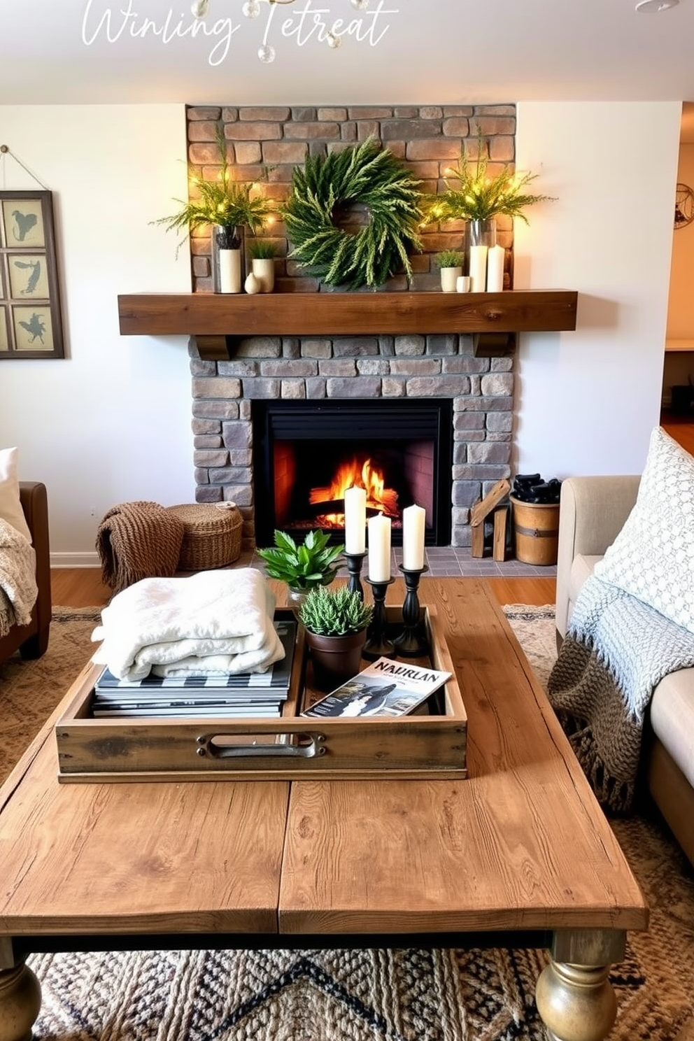 Create a cozy winter basement retreat. Incorporate decorative trays to organize blankets and magazines on a rustic wooden coffee table. Add soft lighting with string lights and candles to enhance the warm atmosphere. Use plush rugs and layered textiles to create inviting seating areas for relaxation.