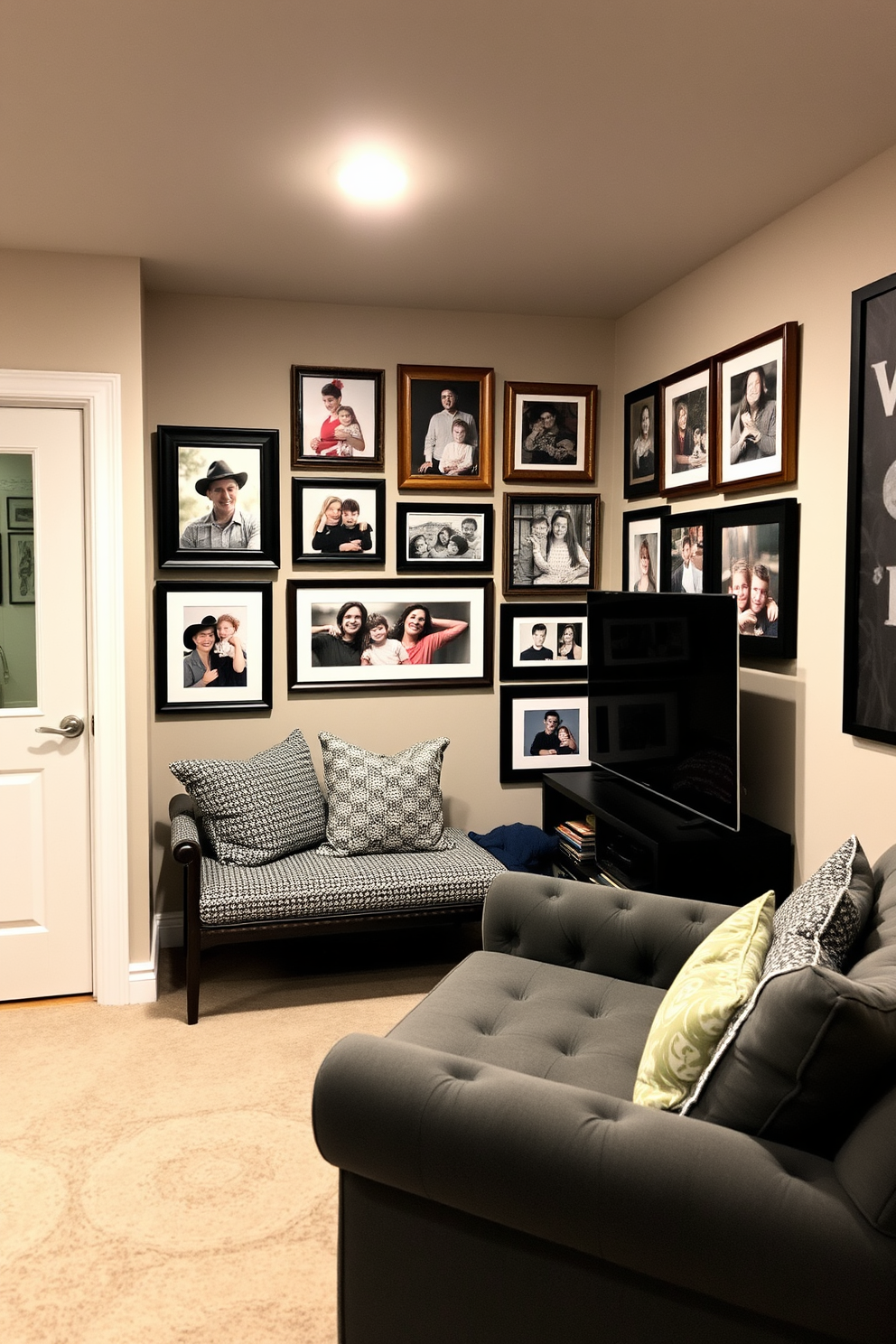 Create a cozy winter basement retreat. The walls are adorned with a gallery wall featuring framed family photos in various sizes and styles, creating a warm and personal atmosphere.