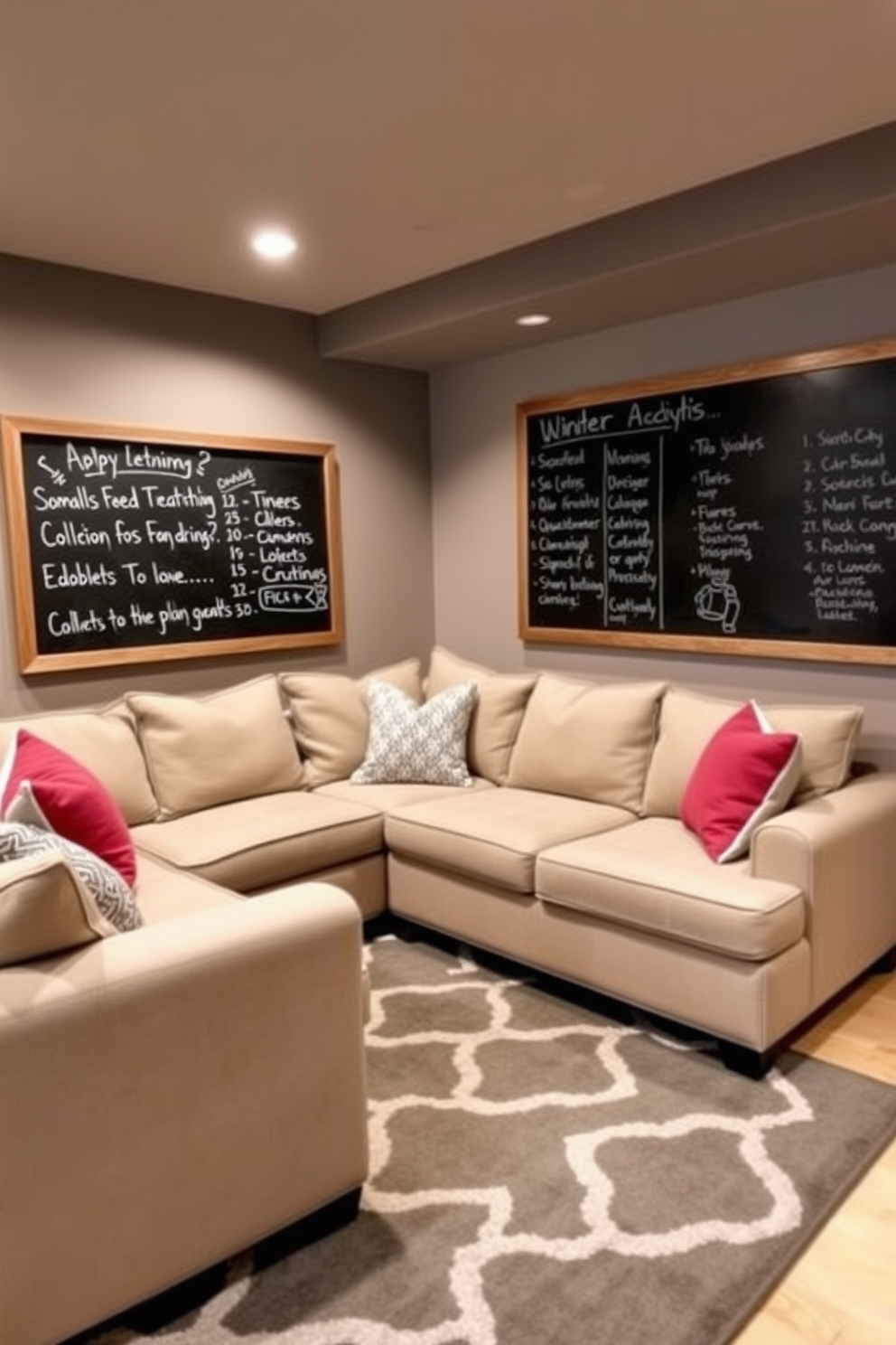 A cozy winter basement retreat designed for family activities. The walls are painted in a warm gray tone, and a large chalkboard is mounted on one wall for writing down winter activities and plans. Comfortable seating includes a plush sectional in a soft, neutral fabric, accented with vibrant throw pillows. A large area rug with a geometric pattern anchors the space, while soft lighting creates an inviting atmosphere.