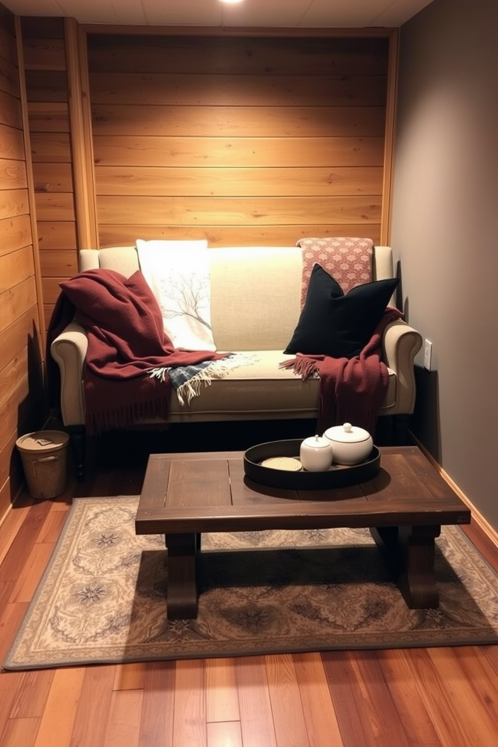 A cozy winter basement setting featuring a plush upholstered bench against the wall. The space is illuminated by soft ambient lighting, with warm throw blankets draped over the bench and a rustic wooden coffee table in front. The walls are adorned with warm-toned wood paneling, creating an inviting atmosphere. A stylish area rug lies beneath the coffee table, and decorative pillows add comfort and color to the bench.