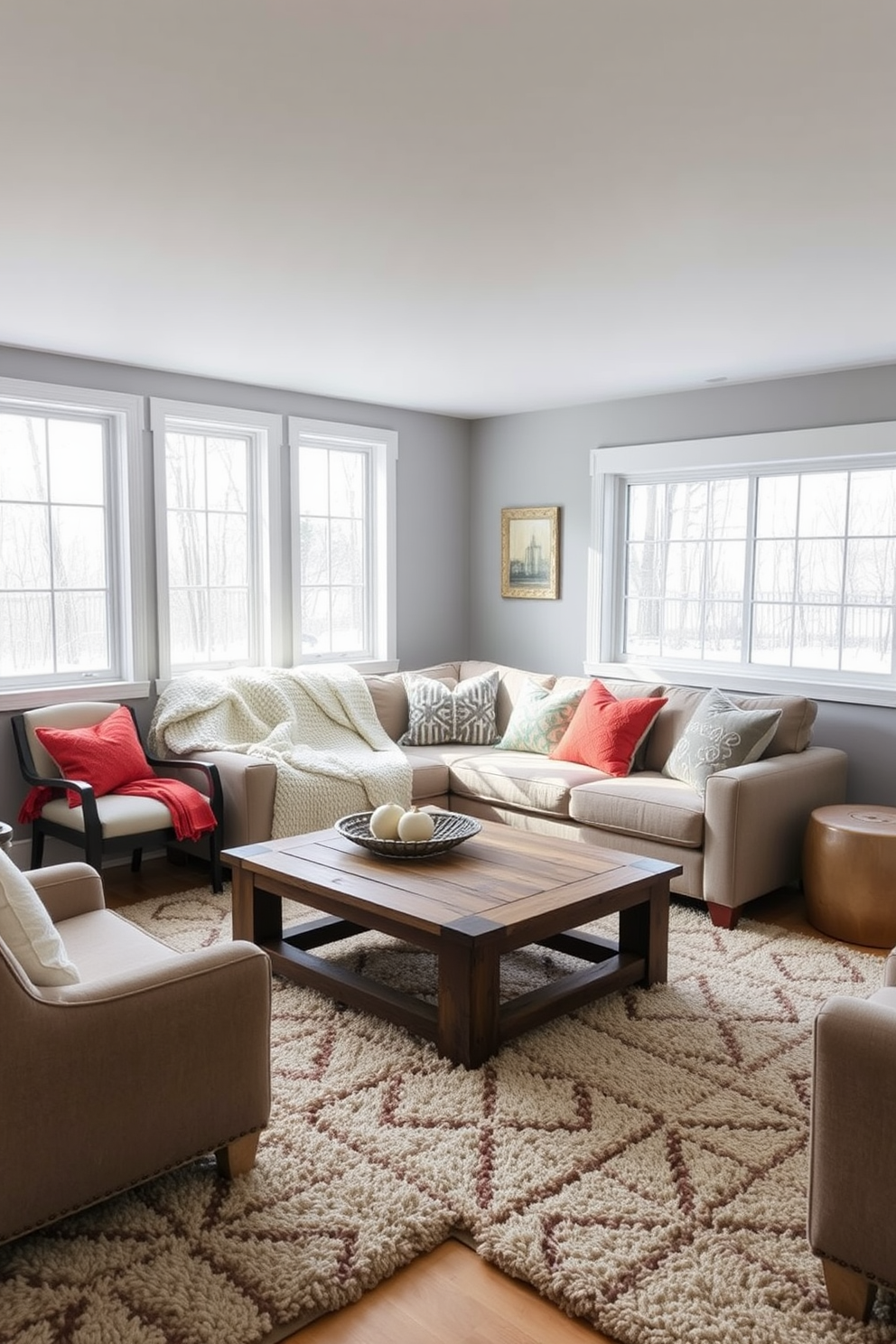 A cozy winter basement retreat featuring plush area rugs that add warmth and texture to the space. The walls are painted in a soft gray, and large windows allow natural light to flood in, creating an inviting atmosphere. In one corner, a comfortable sectional sofa is adorned with thick knit blankets and colorful throw pillows. A rustic coffee table sits in front, surrounded by additional seating options that encourage relaxation and conversation.