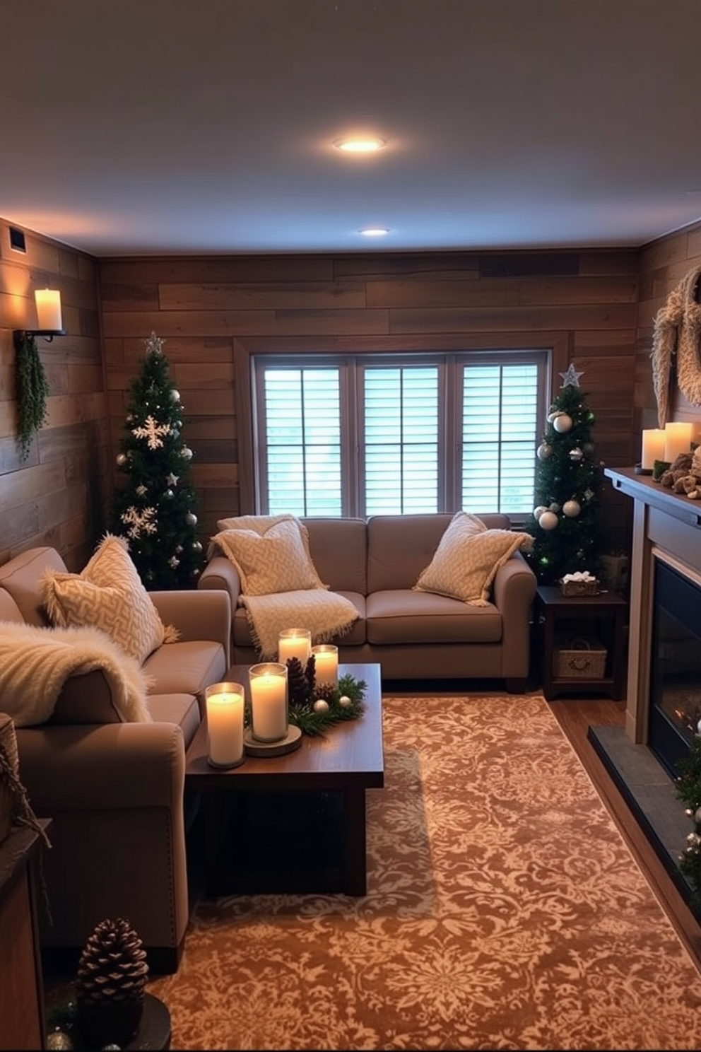 A cozy winter basement retreat. Soft lighting from scented candles creates a warm and inviting atmosphere, complemented by plush seating and warm blankets. The walls are adorned with rustic wooden panels, and a large area rug adds comfort underfoot. Decorative elements like snowflake ornaments and pinecone accents enhance the seasonal charm.