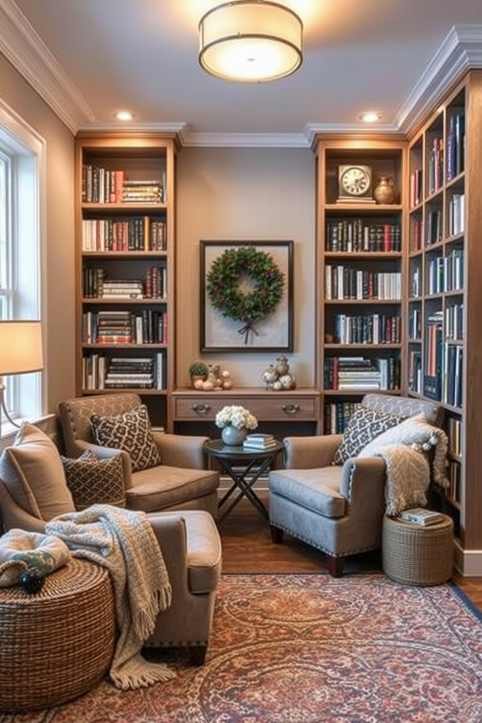 Create a cozy reading nook featuring plush armchairs and a small side table. Surround the nook with tall bookshelves filled with an eclectic mix of books and decorative items. For winter basement decorating ideas, envision a warm and inviting space with soft lighting and rich textures. Incorporate elements like a large area rug, layered blankets, and seasonal decor to enhance the cozy atmosphere.