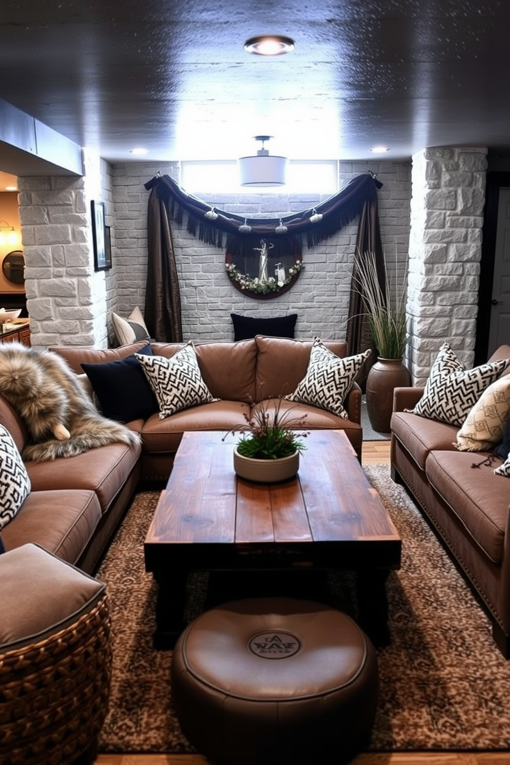 A cozy winter basement retreat. The space features a large sectional sofa adorned with a faux fur throw for added texture, complemented by a rustic wooden coffee table in the center.