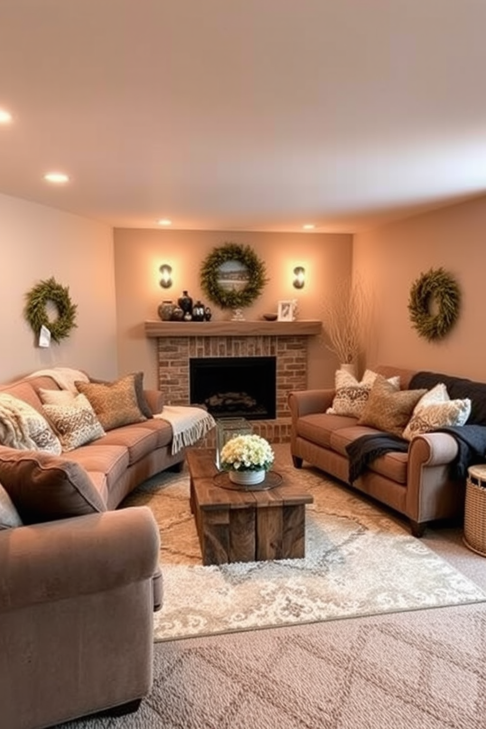 A cozy winter basement retreat featuring soft warm colored walls that evoke a sense of comfort and relaxation. The space is adorned with plush seating, layered with textured throws and cushions that invite you to unwind. Incorporate warm lighting fixtures that create a welcoming ambiance throughout the room. Add decorative elements like a rustic wooden coffee table and a stylish area rug to enhance the inviting atmosphere.