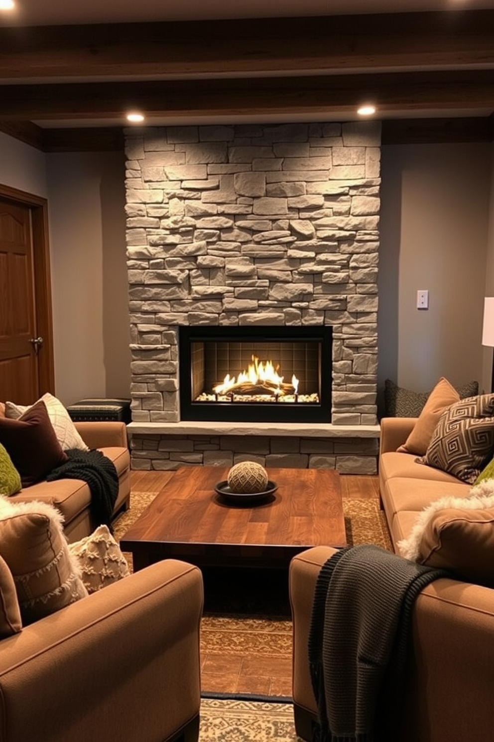 A cozy winter basement retreat featuring a modern gas fireplace as the focal point. The fireplace is framed by a sleek stone surround, providing warmth and ambiance to the space. Plush seating arrangements are positioned around a rustic wooden coffee table, inviting relaxation. Soft, layered textiles in rich colors enhance the comfort, while ambient lighting creates a welcoming atmosphere.