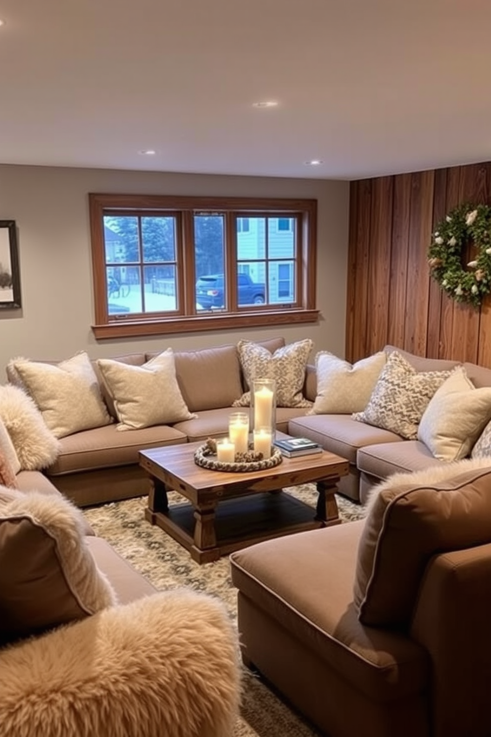 A cozy winter basement retreat featuring large, plush cushions arranged for comfortable seating. Soft, ambient lighting creates a warm atmosphere, while a rustic wooden coffee table sits at the center, adorned with candles and seasonal decor.