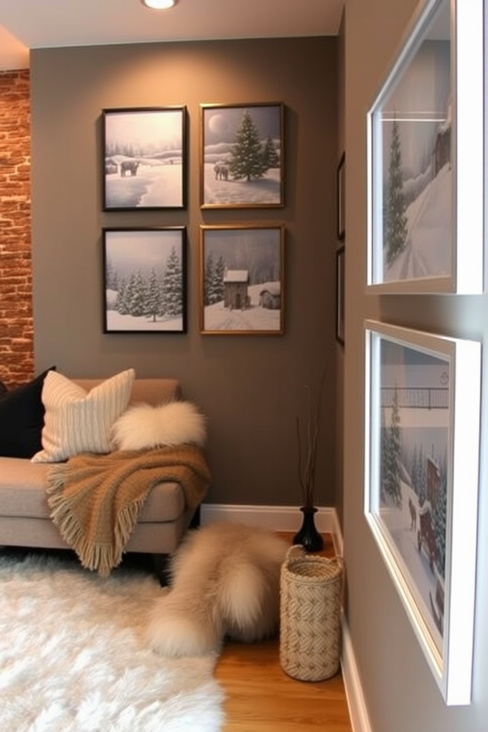 Create a cozy winter basement retreat that features walls adorned with winter-themed artwork showcasing snowy landscapes and festive scenes. The space includes a plush seating area with a soft, oversized rug and warm lighting to enhance the inviting atmosphere.