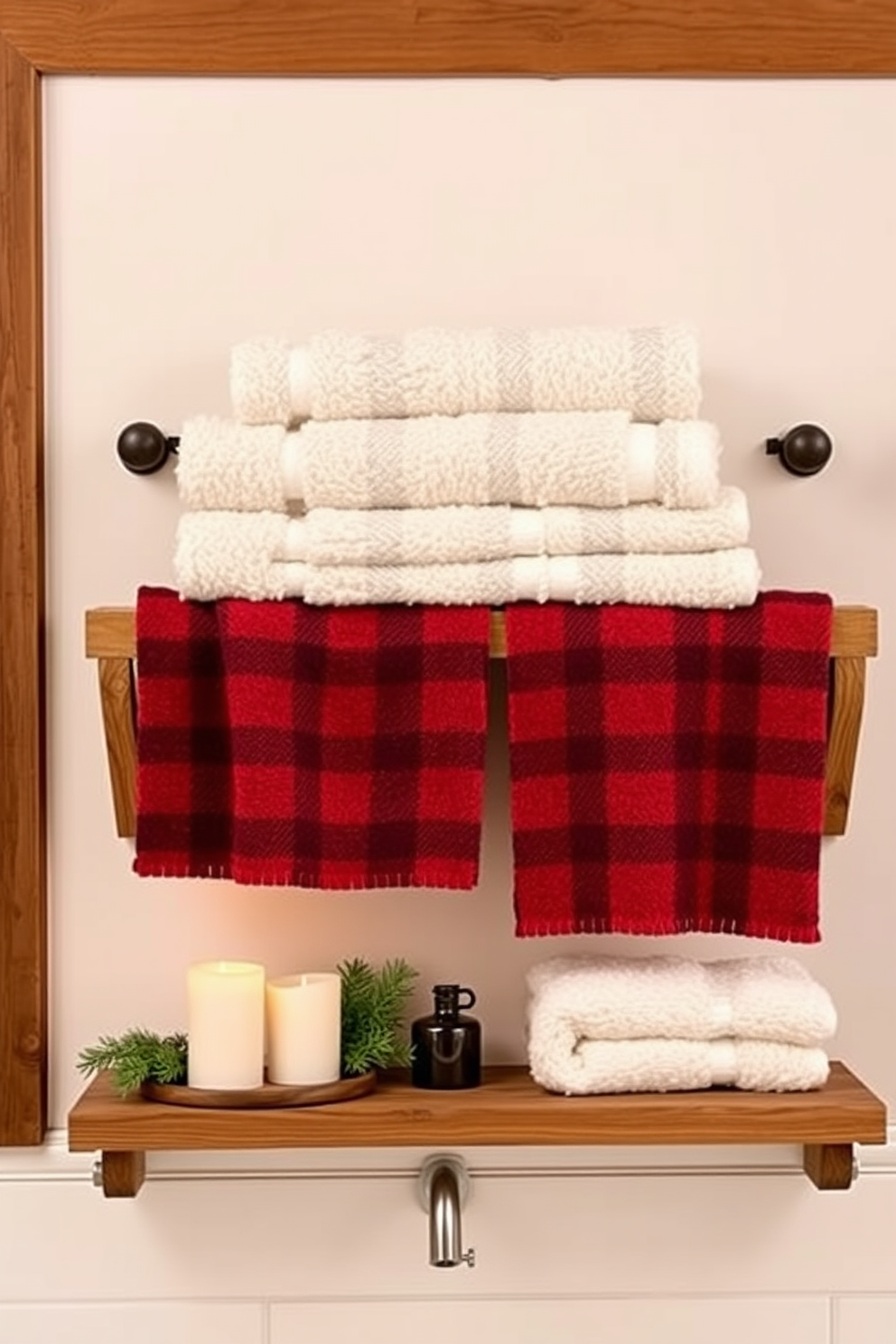 Cozy flannel towels are neatly arranged on a wooden rack, adding a touch of warmth to the winter bathroom. The walls are adorned with soft, neutral tones, and a rustic wooden shelf displays seasonal decor and scented candles.