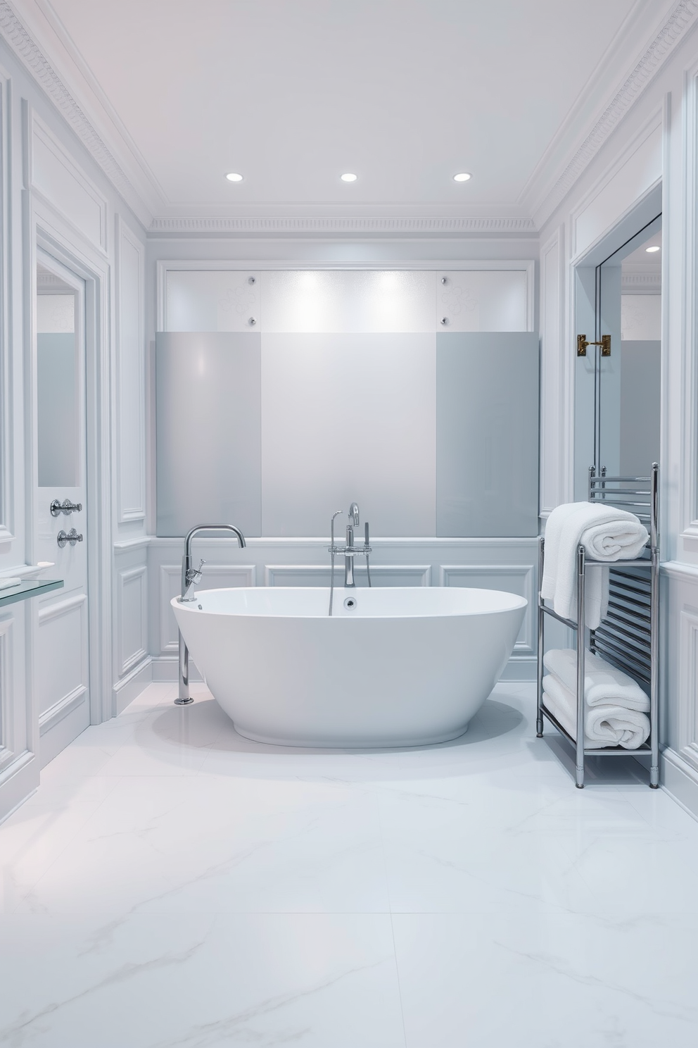 A serene winter bathroom setting featuring a white and silver color scheme. The walls are adorned with elegant white paneling, and the floor is covered in soft white tiles with subtle silver accents. A sleek freestanding bathtub sits in the center, surrounded by frosted glass partitions that enhance the winter ambiance. Silver fixtures and accessories add a touch of luxury, while plush white towels are neatly arranged on a silver rack nearby.