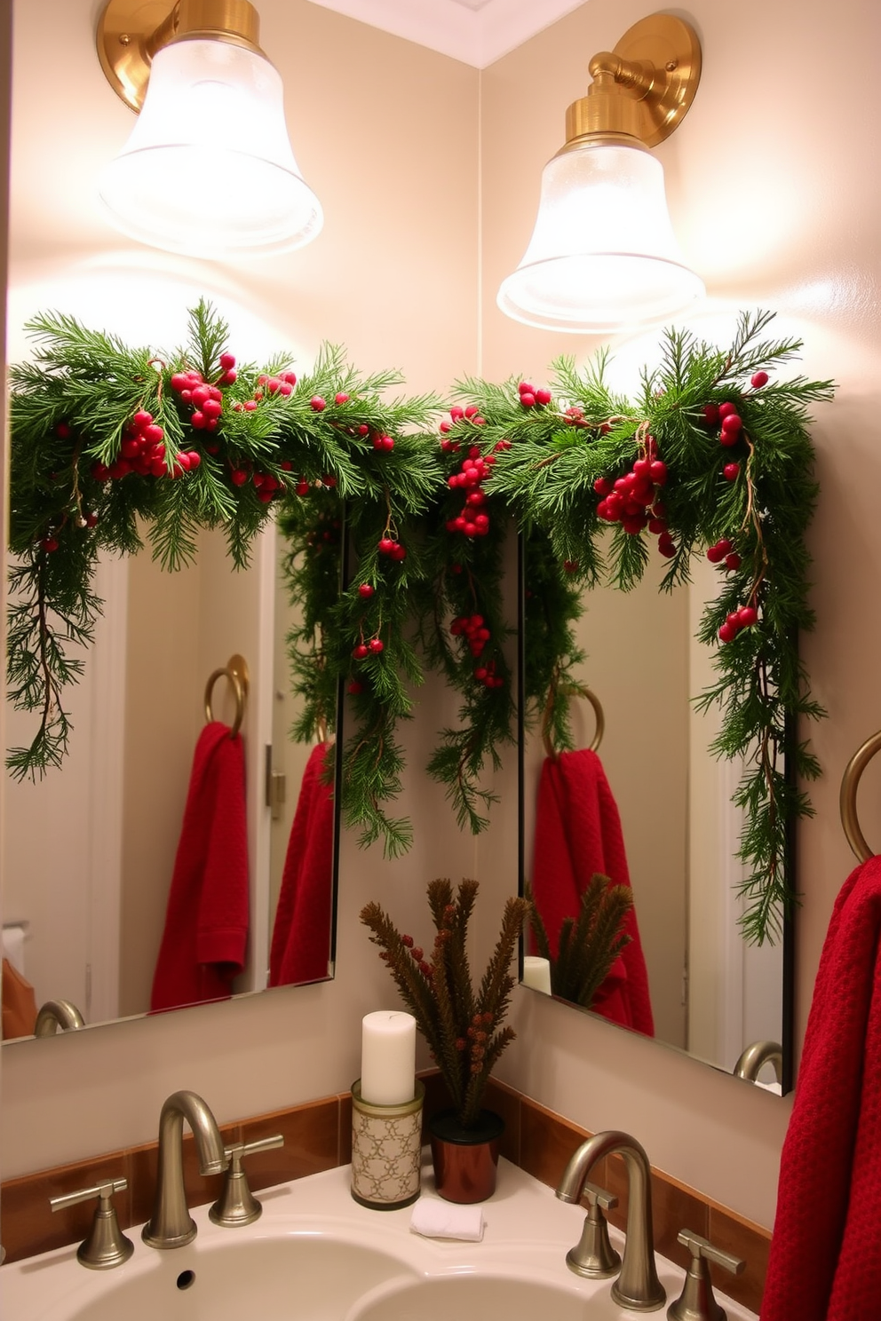 A cozy winter bathroom setting adorned with hanging garlands of pine and berries. The garlands drape elegantly across the mirrors and light fixtures, adding a festive touch to the space.