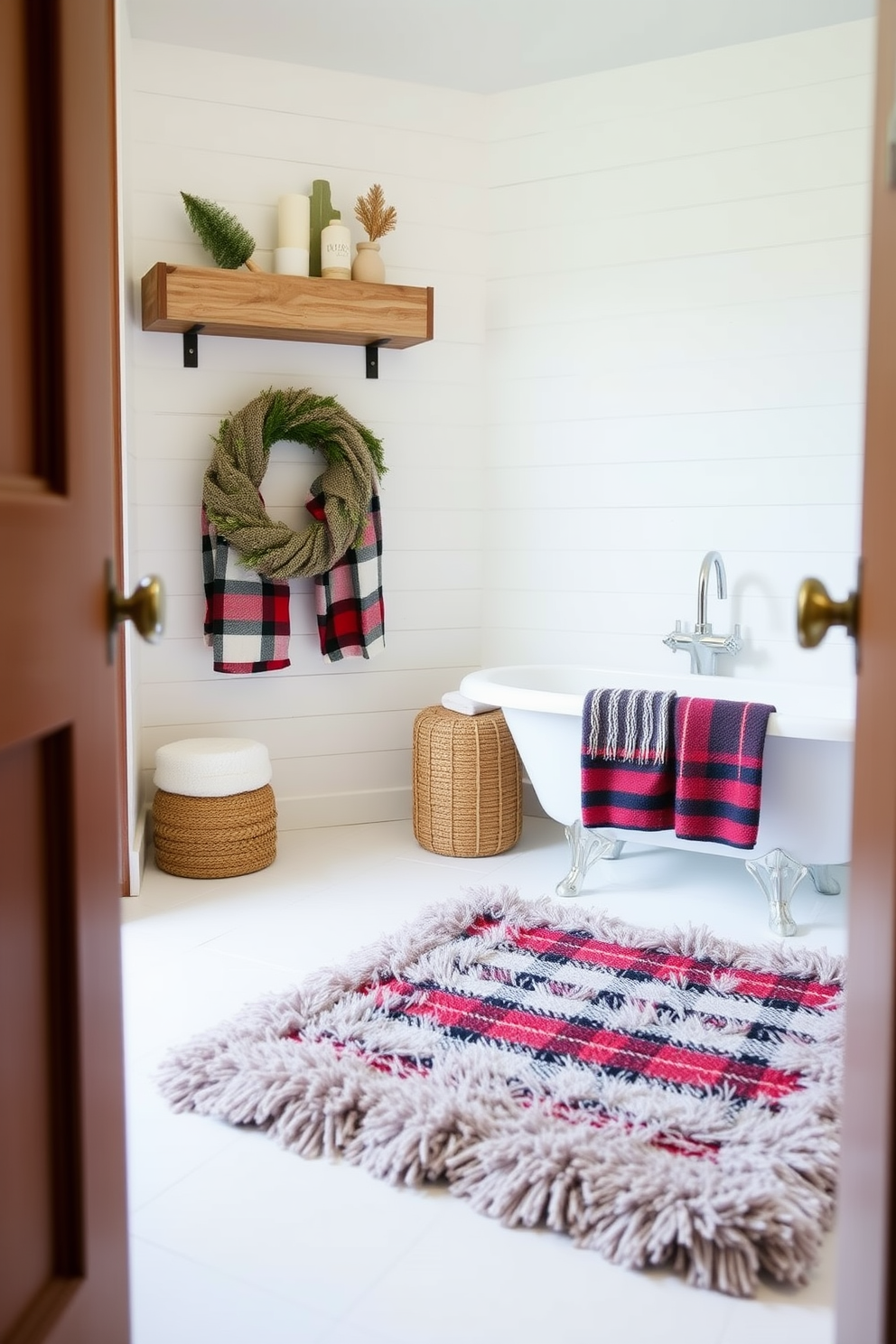 A cozy winter bathroom setting features a plush plaid bath mat that adds warmth and texture to the space. The walls are adorned with soft white shiplap, and a rustic wooden shelf holds decorative winter-themed items.