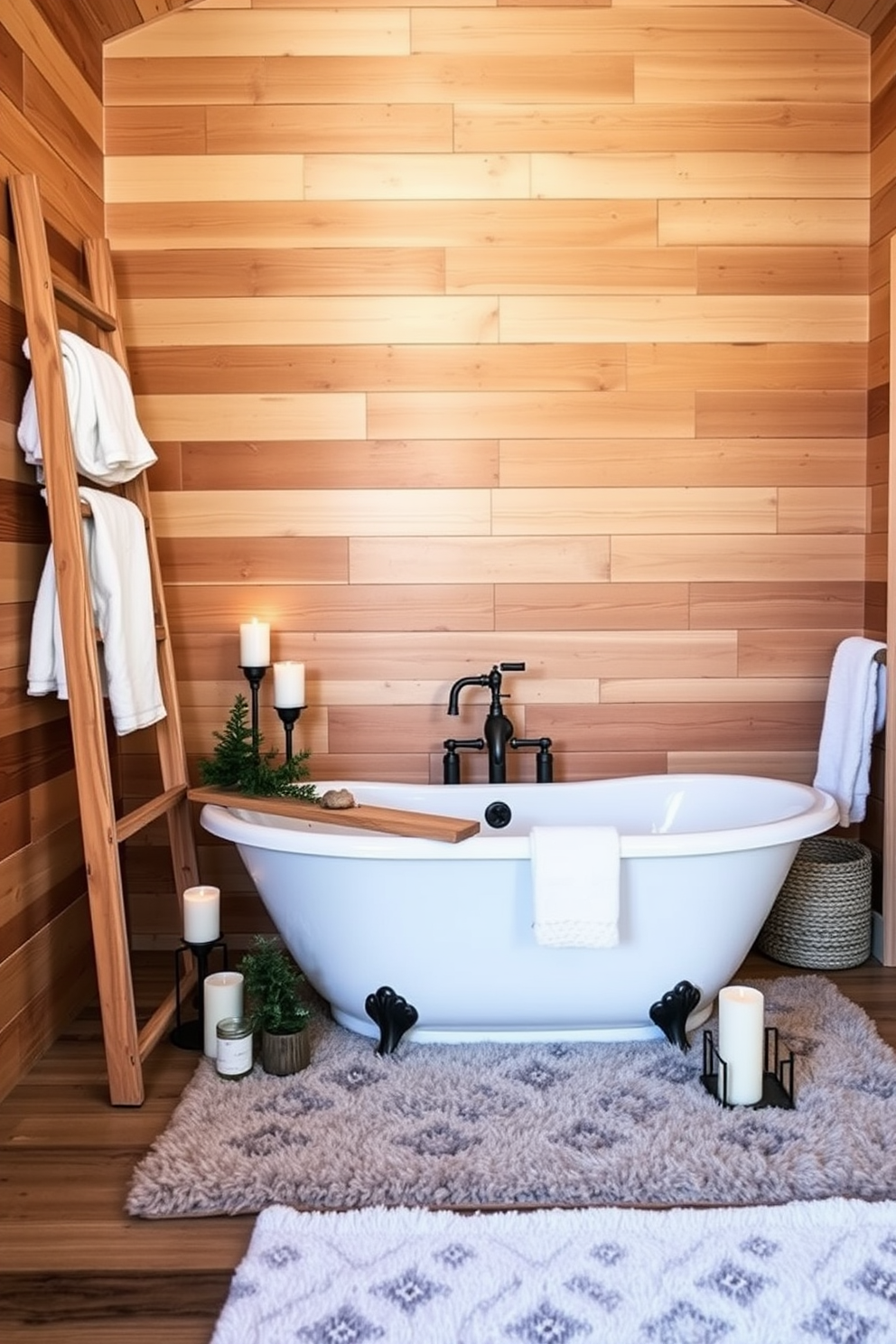 A cozy winter bathroom retreat featuring natural wood accents throughout the space. The walls are adorned with reclaimed wood panels, while a wooden ladder leans against one side, holding fluffy white towels. A large freestanding tub sits in the center, surrounded by candles and small potted evergreen plants. The floor is covered with a soft, textured rug that adds warmth to the rustic charm of the room.