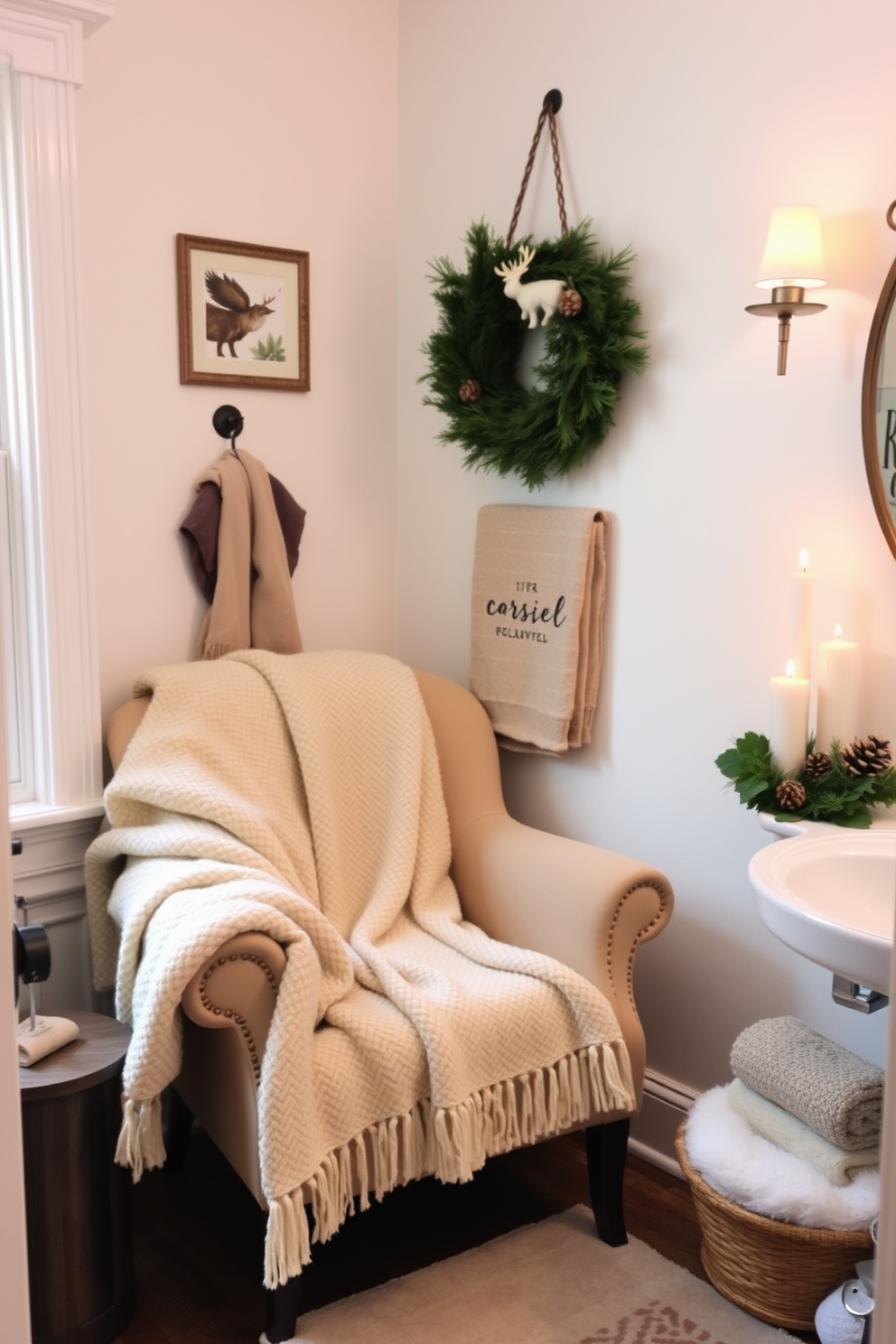 A cozy winter bathroom setting featuring soft throw blankets draped over a plush armchair in the corner. The space is adorned with seasonal decor, including pinecone accents and warm candlelight to create a relaxing atmosphere.