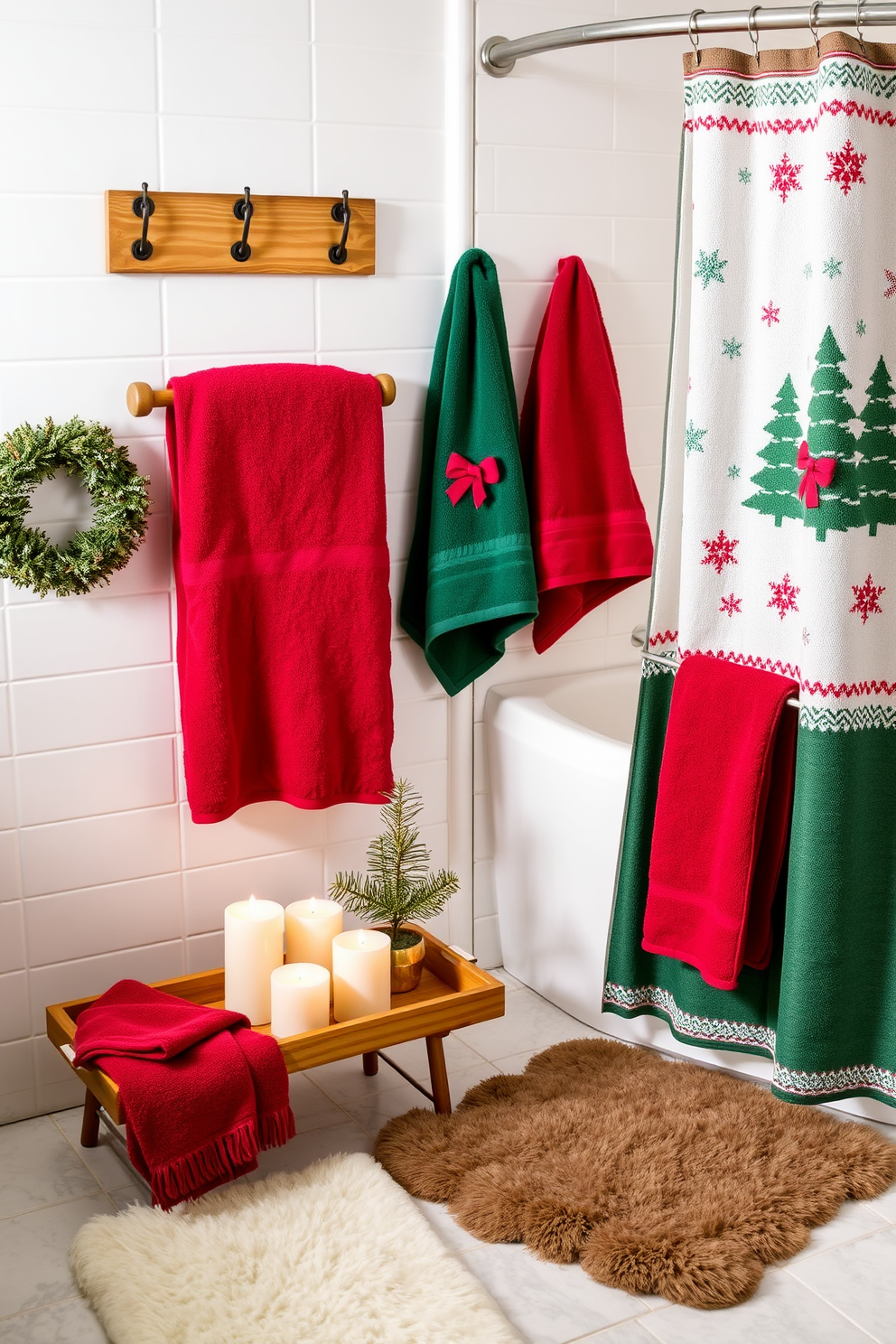 A cozy winter bathroom setting adorned with seasonal bath accessories in festive colors. Plush towels in deep reds and greens hang neatly on the rack, while a decorative shower curtain features snowflakes and holiday motifs. A wooden tray holds scented candles and a small evergreen arrangement, adding a touch of nature. The floor is covered with a soft, fluffy rug in a neutral tone, creating warmth against the cool tiles.