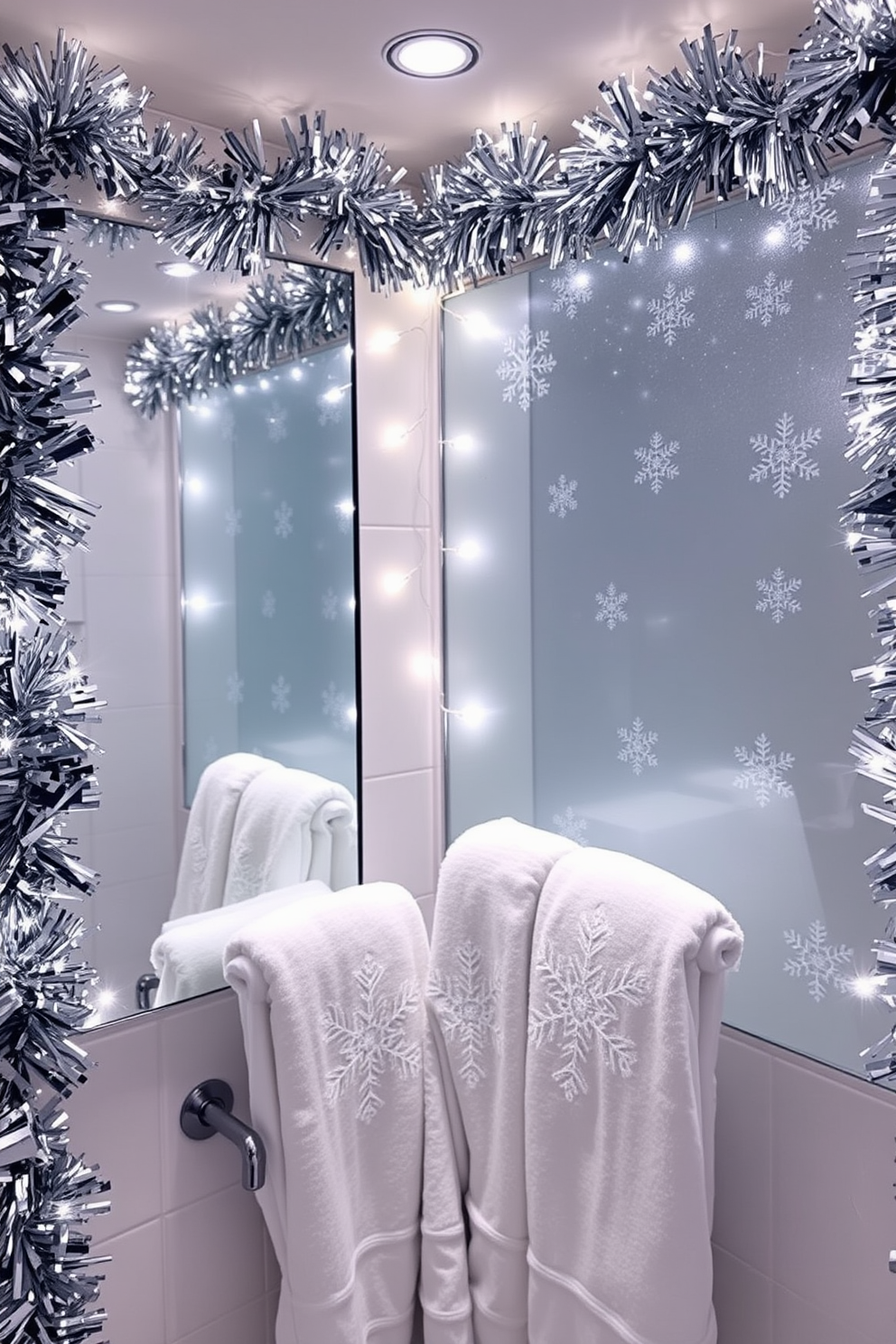 A winter bathroom decorated with tinsel and glitter accents creates a sparkling and festive atmosphere. The walls are adorned with shimmering garlands, and the mirrors are framed with twinkling fairy lights for an enchanting effect. A frosted glass shower curtain features delicate snowflake patterns, complementing the winter theme. Plush white towels with silver embroidery hang neatly, adding a touch of luxury to the space.