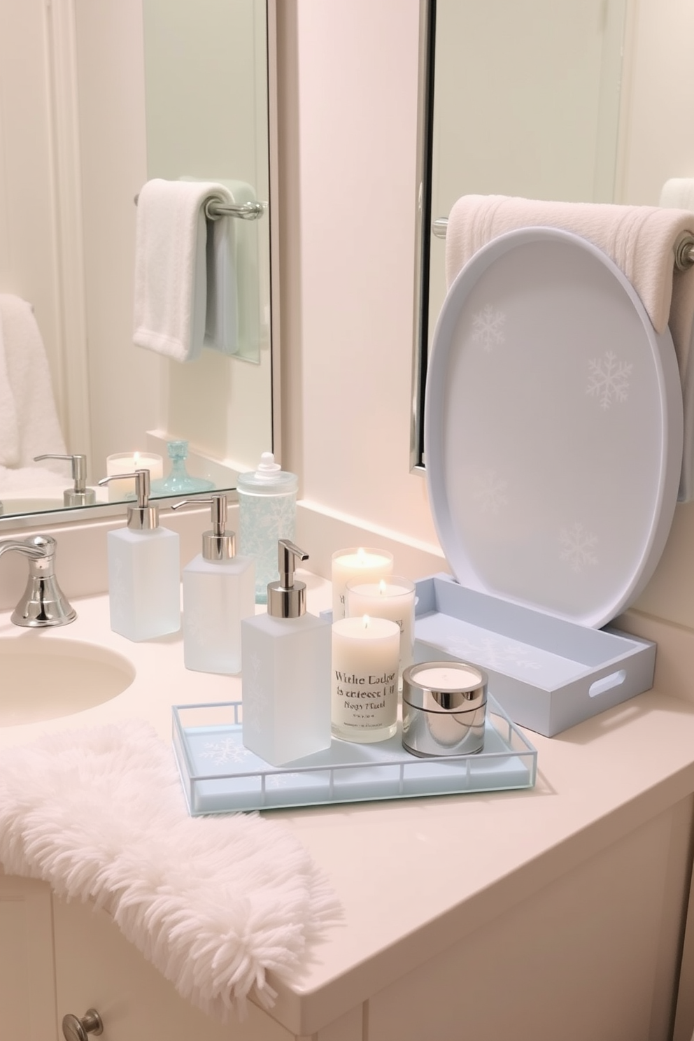 A winter-themed bathroom setting featuring elegant soap dispensers and trays adorned with snowflake patterns. The color palette includes soft blues and whites, creating a serene atmosphere perfect for the season. The countertop is styled with a collection of winter-themed accessories, including a frosted glass soap dispenser and a matching tray. Cozy touches like a plush white rug and candles in winter scents enhance the overall decor.