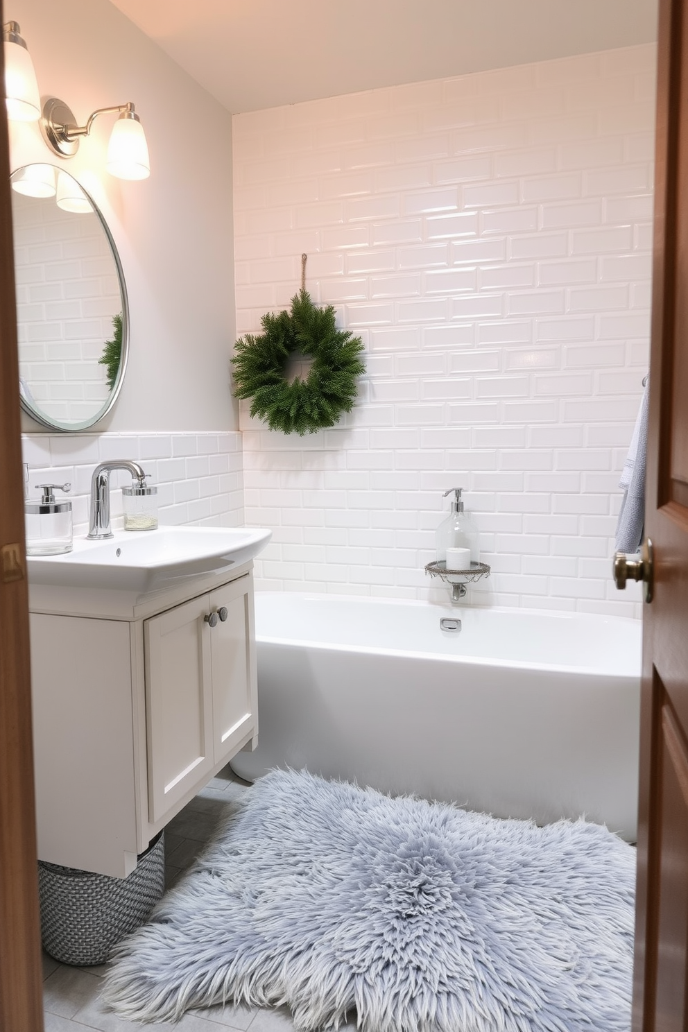 A winter bathroom setting featuring a faux fur rug that adds warmth and texture to the space. The color palette includes soft whites and cool blues, with accents of silver in the fixtures and accessories.