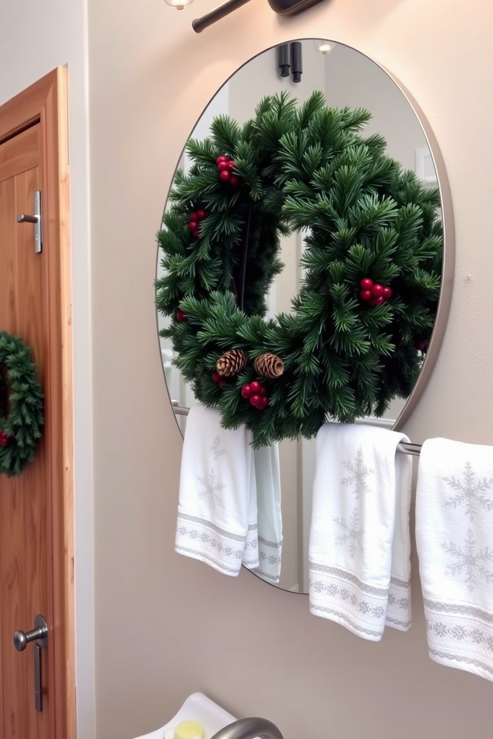 A cozy winter bathroom setting featuring a large round mirror adorned with a fresh evergreen wreath. The wreath is accented with pinecones and red berries, bringing a festive touch to the space. To the side, a wooden door is decorated with a smaller matching wreath, enhancing the seasonal charm. Soft white towels with subtle snowflake patterns hang neatly on a rack, completing the winter theme.