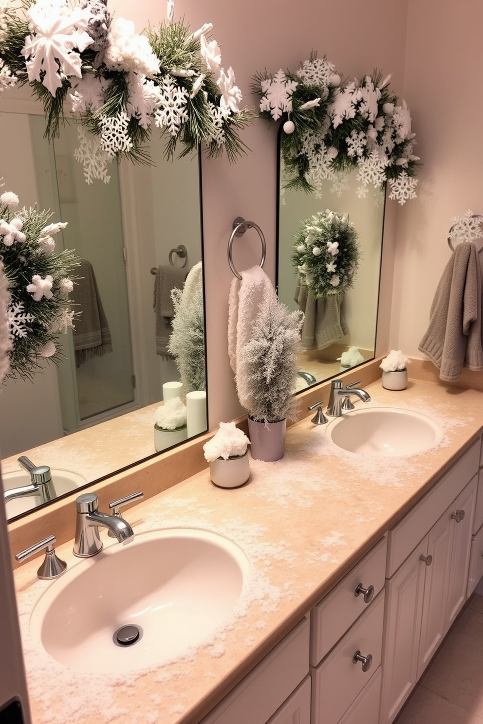 A cozy winter bathroom setting adorned with faux snow decor on various surfaces. The countertops are sprinkled with artificial snowflakes, and the mirrors have a light dusting of faux frost for a seasonal touch.