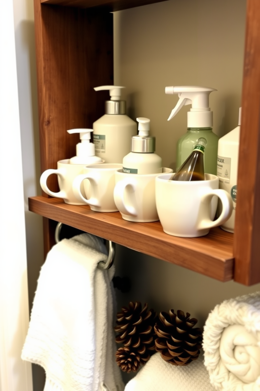 A cozy winter bathroom setting featuring ceramic mugs used to hold toiletries. The mugs are arranged on a rustic wooden shelf, surrounded by soft white towels and pinecone accents.