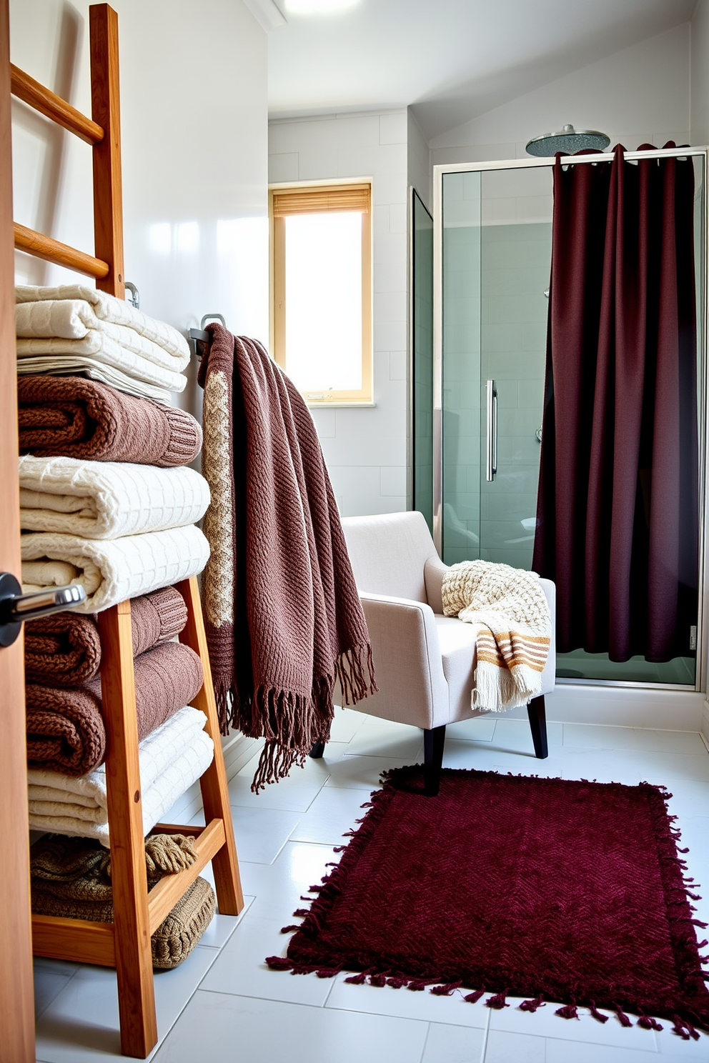 A cozy winter bathroom retreat adorned with layered textiles that evoke warmth and comfort. Plush towels in varying shades of cream and taupe are neatly arranged on a wooden ladder, while a soft knitted throw drapes over a stylish armchair in the corner. The shower area features a frosted glass door, allowing natural light to filter in softly. A textured bath mat in a deep burgundy hue rests on the floor, complementing the elegant white tiles and adding a touch of seasonal color.