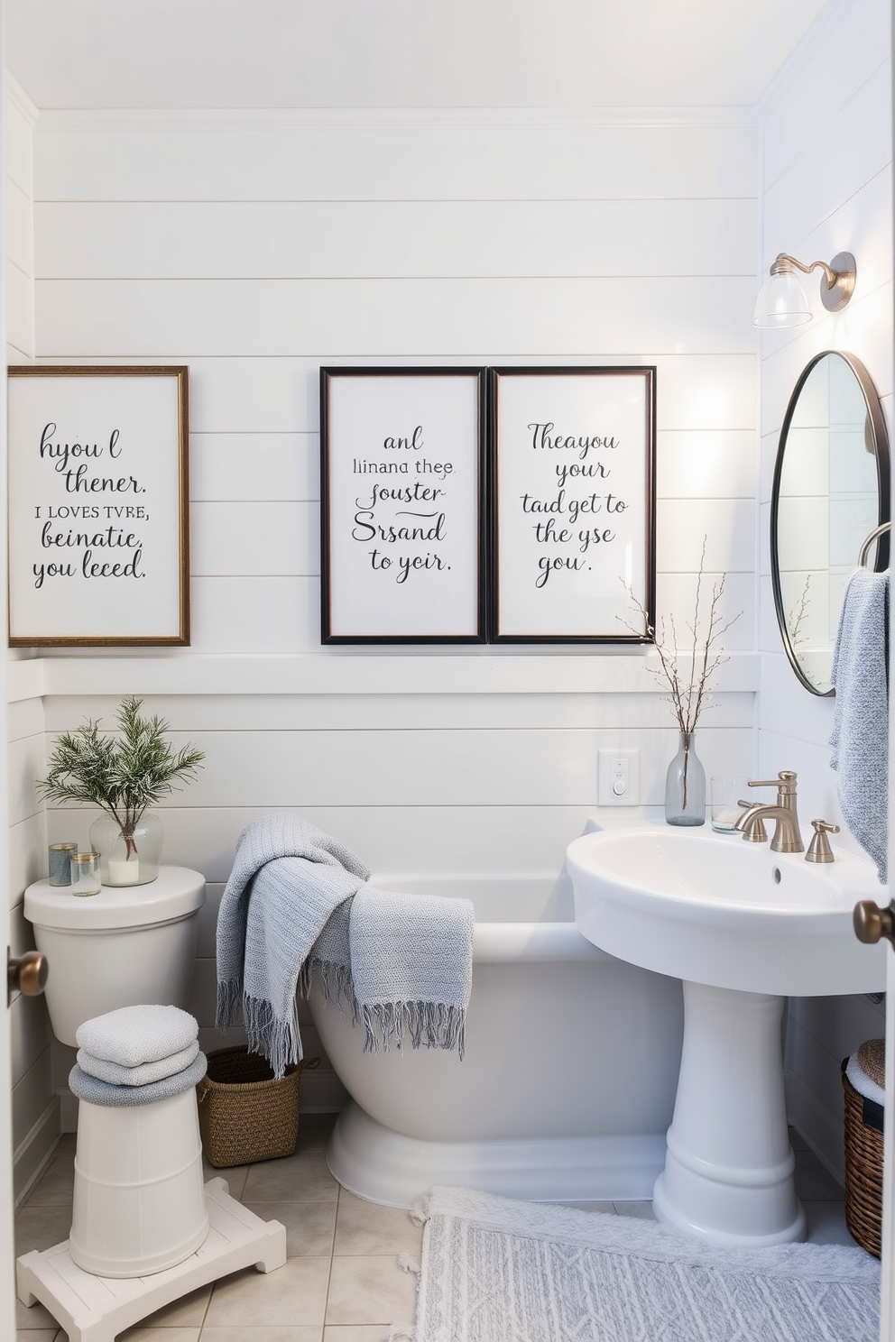 A serene winter bathroom setting featuring framed seasonal quotes that inspire tranquility and warmth. The walls are adorned with soft white paneling and the decor includes frosted glass accents and cozy textiles in shades of icy blue and silver.