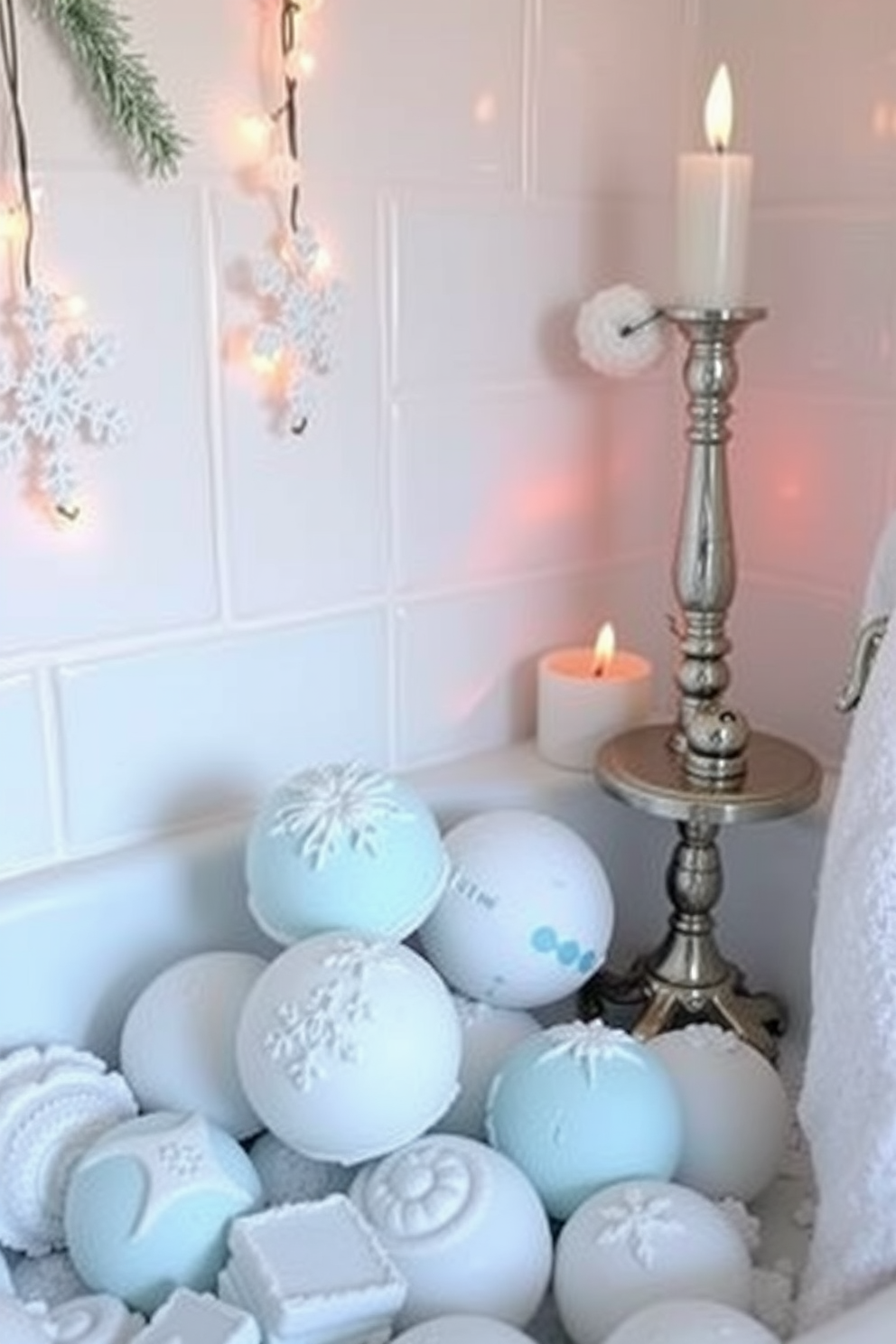 Create a cozy winter-themed bathroom setting. Incorporate bath bombs in soft pastel colors that evoke a sense of relaxation and tranquility. Adorn the space with winter decorations such as snowflake ornaments and frosted candle holders. Use a color palette of icy blues and whites to enhance the seasonal ambiance.