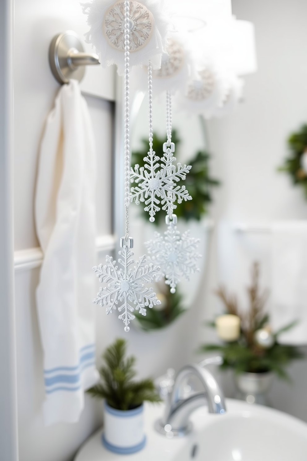 Charming snowflake ornaments hang gracefully from hooks in a cozy winter bathroom. The space is adorned with soft white and blue accents, creating a serene and festive atmosphere.