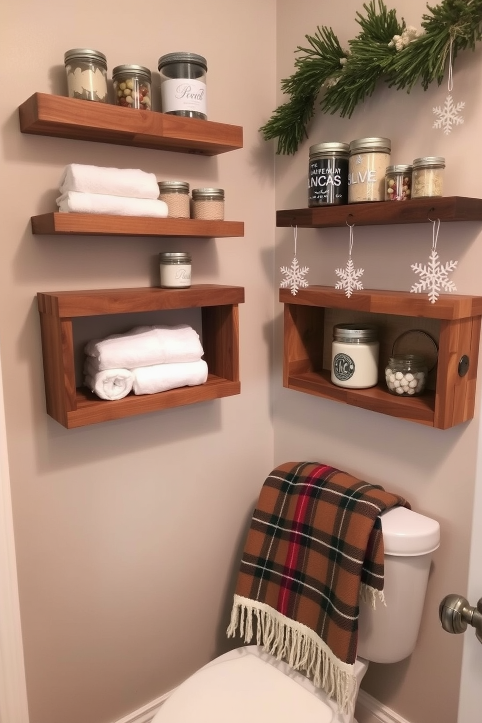 Rustic wooden shelves are mounted on the walls, displaying neatly arranged towels and decorative jars. The shelves are made from reclaimed wood, adding warmth and character to the space. The bathroom features winter-themed decorations, including a cozy plaid throw draped over a chair. Snowflake ornaments hang from the shelves, enhancing the seasonal ambiance.