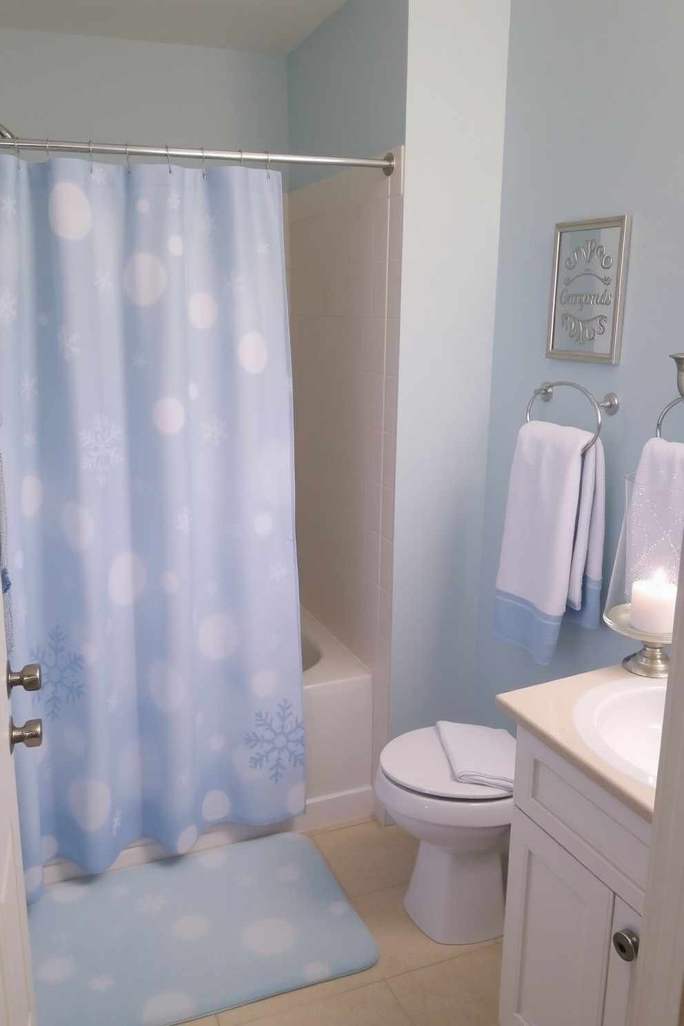 A winter-themed shower curtain features delicate snowflakes in soft shades of blue and white. The bathroom is adorned with frosty accents, including a matching bath mat and towels that evoke a cozy, seasonal atmosphere. To enhance the winter vibe, add touches of silver and glass decor, such as a sparkling candle holder and a frosted vase. The walls can be painted in a cool, icy hue to create a serene and inviting retreat during the chilly months.