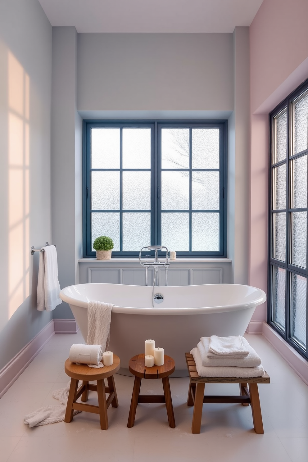 A serene winter bathroom retreat. The walls are painted in soft pastel hues of light blue and pale pink, creating a calming atmosphere. A freestanding bathtub sits elegantly in the center, surrounded by plush white towels and a small wooden stool with candles. Frosted glass windows allow natural light to filter through, enhancing the tranquil ambiance.