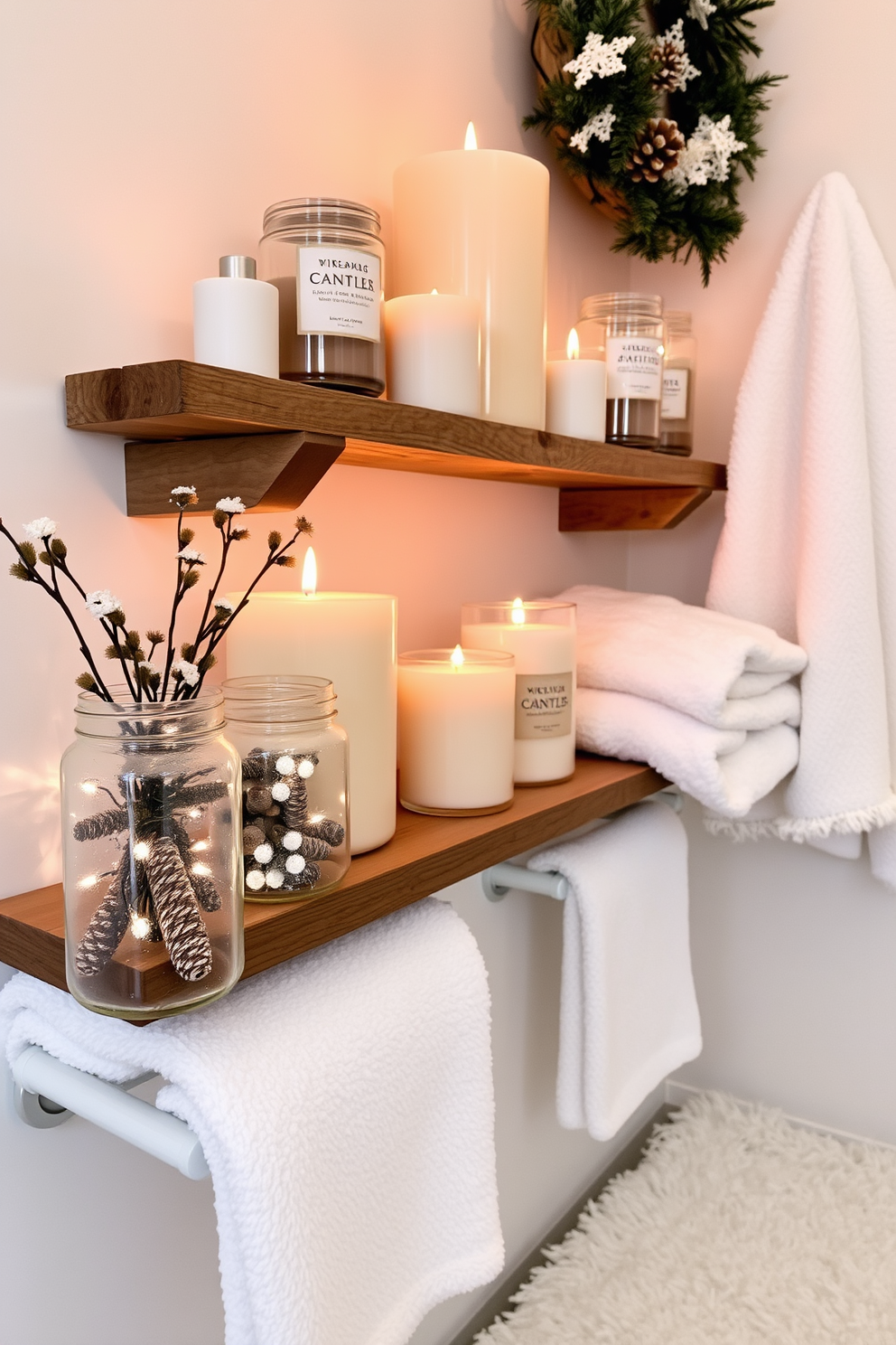 A cozy winter bathroom setting adorned with scented candles in festive scents. The candles are arranged on a rustic wooden shelf, creating a warm and inviting atmosphere. Frosted glass jars filled with pinecones and twinkling fairy lights are placed beside the candles. Soft white towels and a plush bath mat complete the seasonal decor, enhancing the overall comfort of the space.