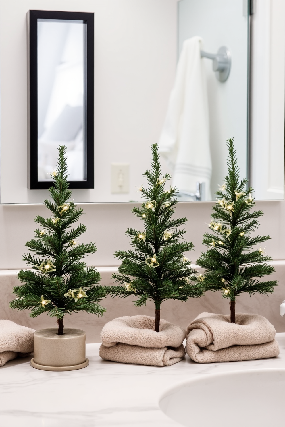 Mini evergreen trees are placed on the countertop in a cozy winter bathroom. The trees are adorned with delicate white lights and surrounded by soft, fluffy towels in neutral tones.