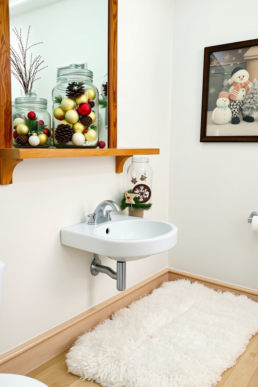 Decorative glass jars filled with ornaments are arranged on a wooden shelf. The jars feature various seasonal decorations, including pinecones and faux snow, creating a cozy winter atmosphere. A soft white rug is placed in front of the sink, adding warmth to the space. The walls are adorned with winter-themed artwork, enhancing the festive feel of the bathroom.