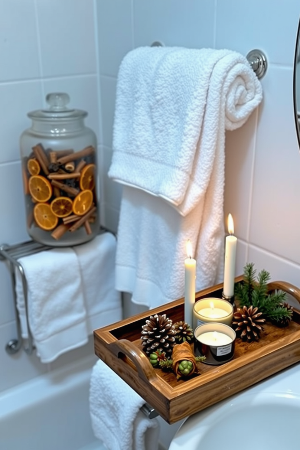 A cozy winter bathroom adorned with seasonal potpourri. The space features a frosted glass jar filled with dried orange slices, cinnamon sticks, and pinecones, creating a warm and inviting aroma. Soft white towels are neatly arranged on a heated towel rack, while a small evergreen plant adds a touch of nature to the decor. A rustic wooden tray holds scented candles that flicker gently, enhancing the tranquil atmosphere.