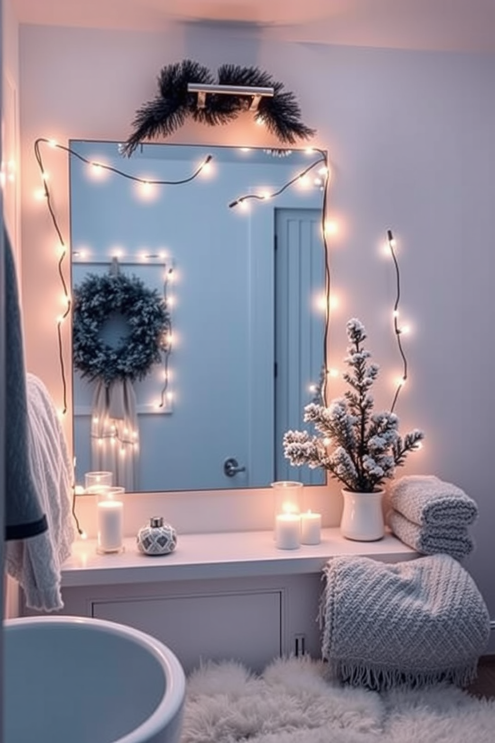 A cozy winter bathroom setting illuminated by warm lighting from string lights draped elegantly around the mirror. The space features soft textures with fluffy towels and a plush rug, creating a welcoming atmosphere perfect for relaxation.