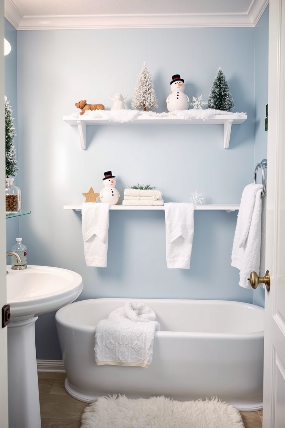 A winter-themed bathroom adorned with charming snowman figurines and delicate winter decorations on the shelves. The walls are painted in soft blue tones, creating a serene atmosphere complemented by fluffy white towels and a cozy rug.