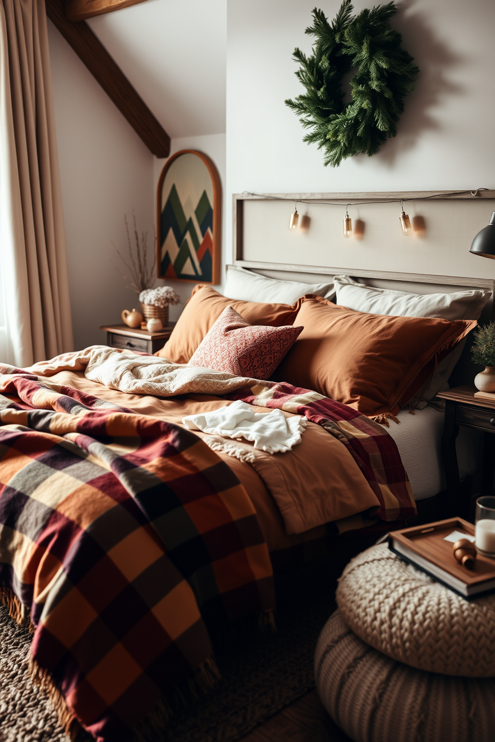 A cozy winter bedroom setting featuring flannel bedding in warm tones. The bed is adorned with layered flannel blankets and plush pillows, creating an inviting atmosphere.