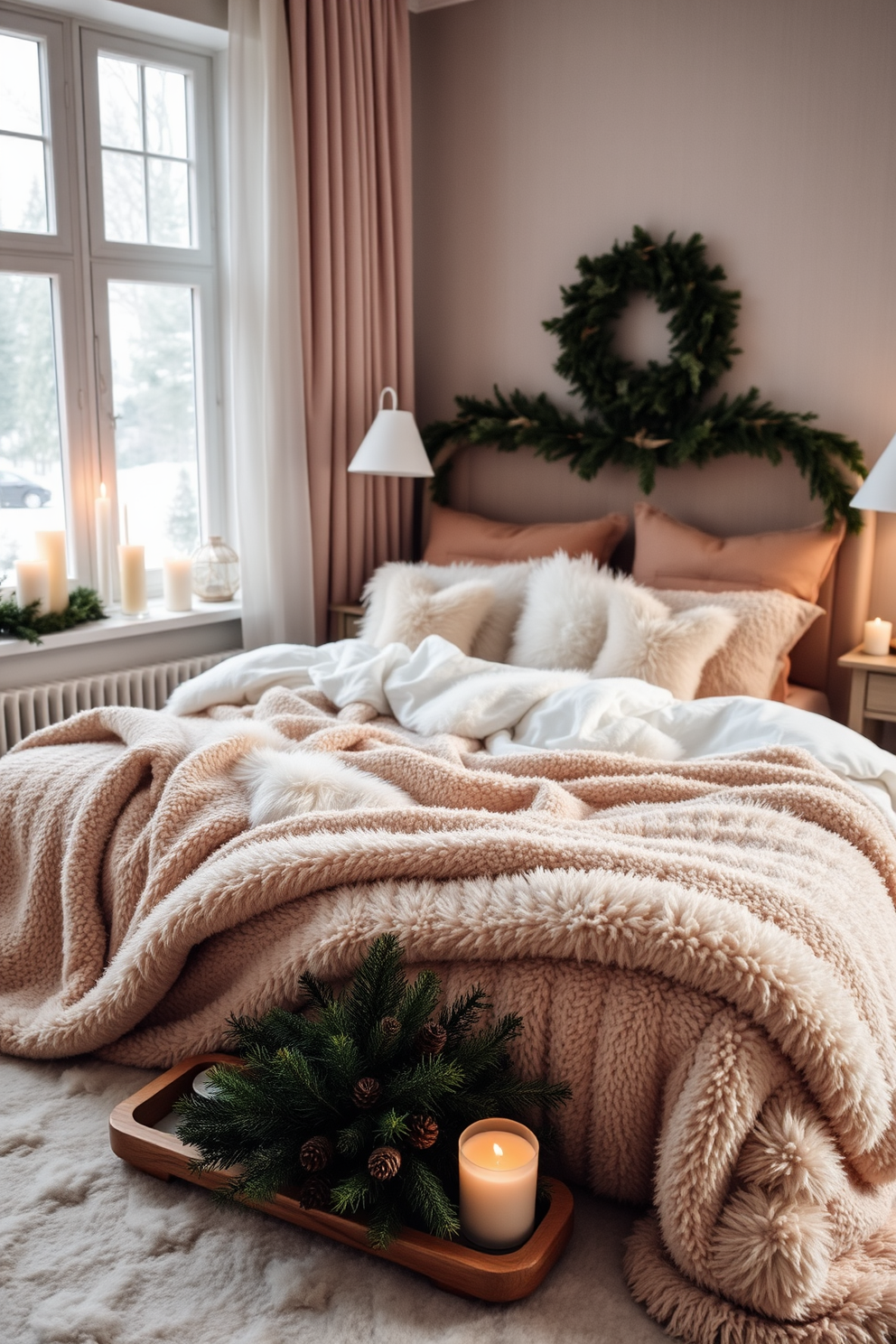 A winter bedroom setting filled with soft textures and warm colors. Plush blankets and fluffy pillows adorn a large bed, creating an inviting atmosphere. Candles of various heights are placed on the nightstands and window sills, casting a cozy glow throughout the room. A small arrangement of evergreen branches and pinecones complements the winter theme, adding a touch of nature.