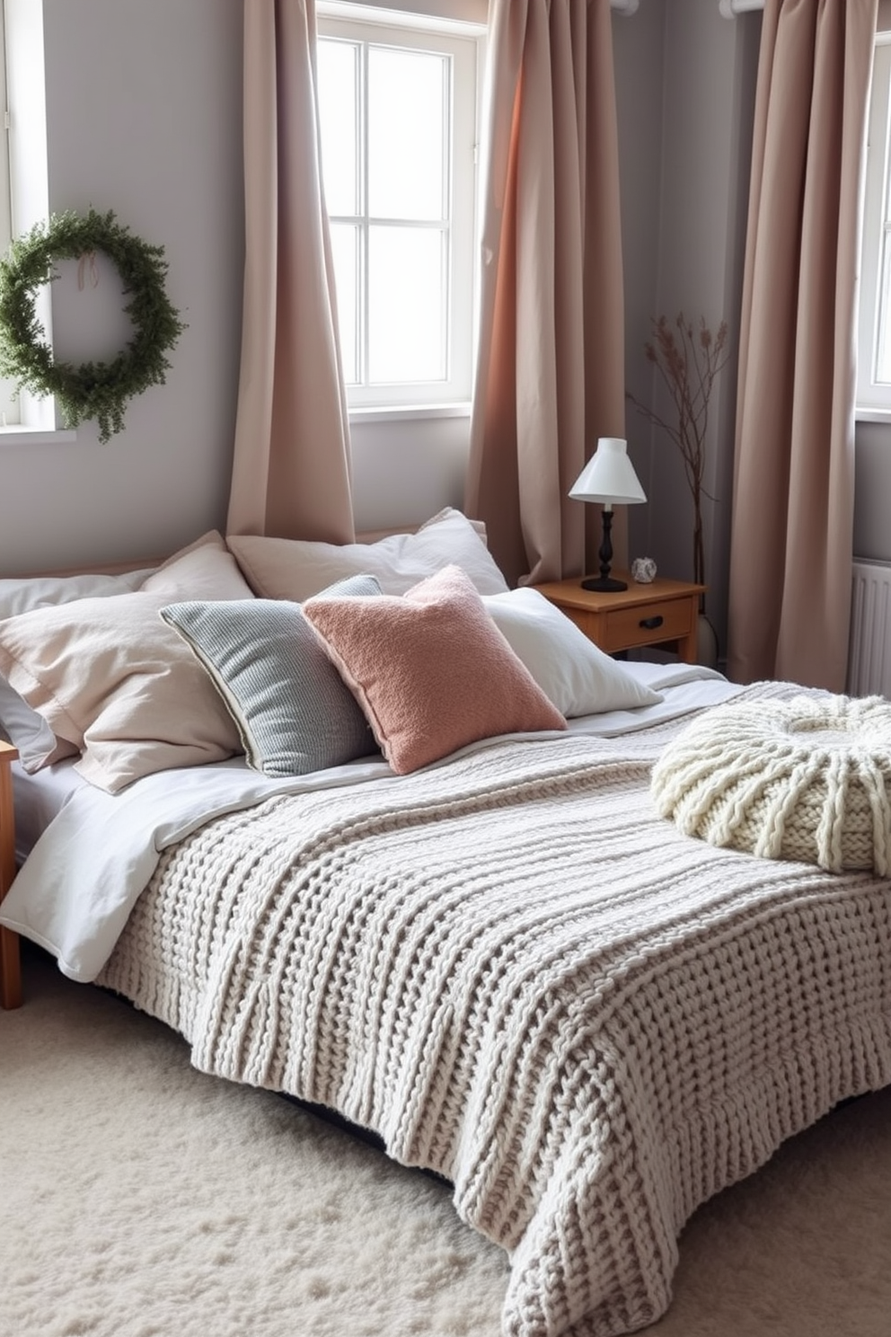 A cozy winter bedroom adorned with wool and knitted accents. The bed is dressed in a thick knitted blanket, complemented by an array of plush pillows in soft, muted tones. A knitted pouf sits in the corner, adding texture and warmth to the space. Soft woolen curtains frame the windows, filtering the winter light and enhancing the inviting atmosphere.