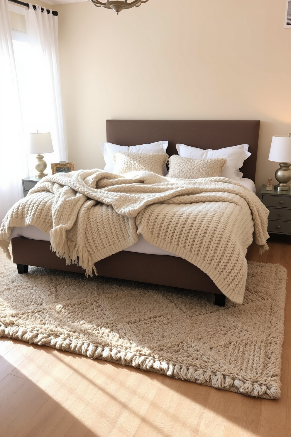 A cozy winter bedroom featuring a large bed adorned with chunky knit blankets in soft neutral tones. The walls are painted in a warm cream color, and a plush area rug lies beneath the bed, adding to the snug atmosphere. A pair of bedside tables flanks the bed, each topped with stylish lamps that emit a soft glow. A window dressed with sheer white curtains allows natural light to filter in, enhancing the inviting ambiance of the room.