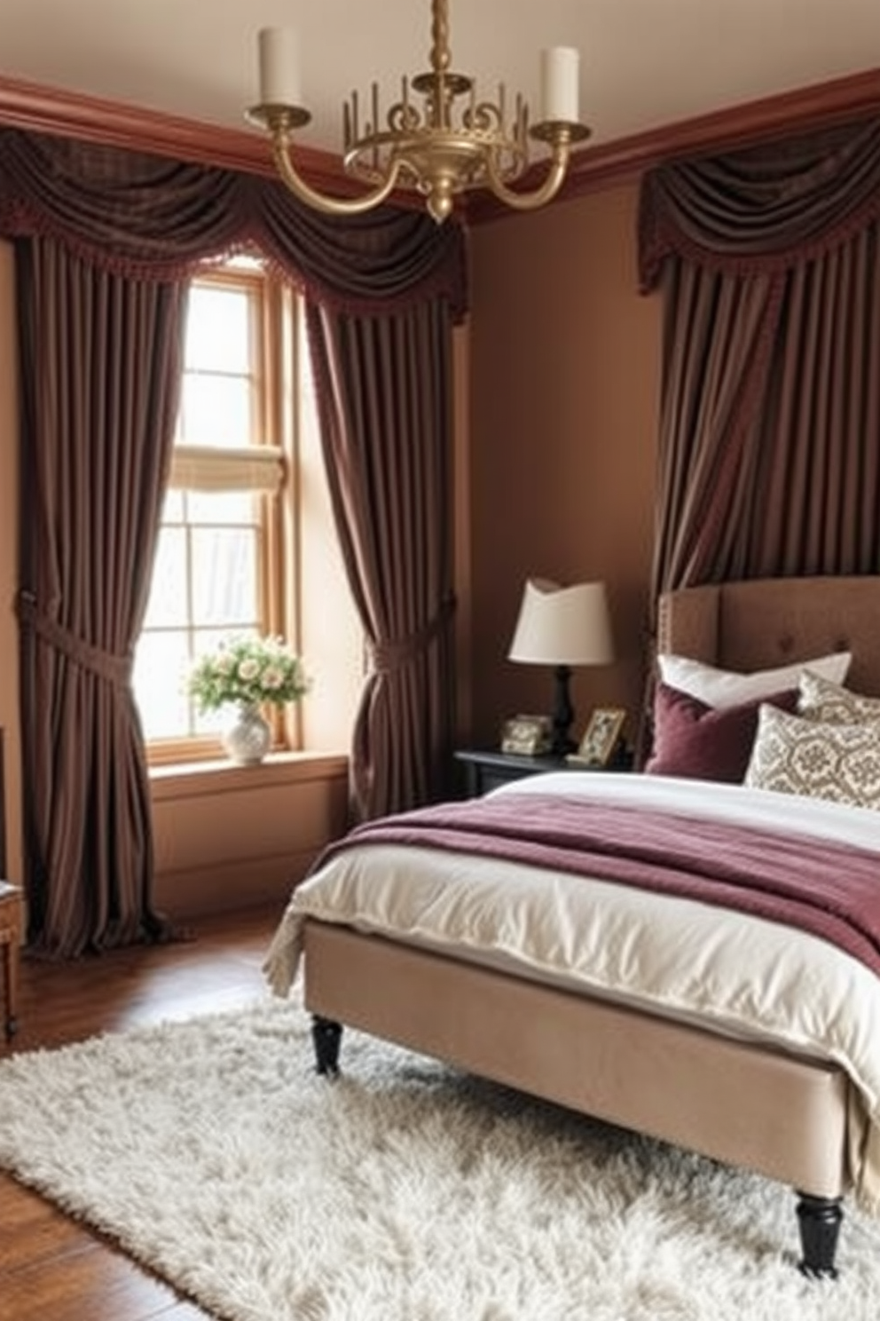 A cozy winter bedroom adorned with rich drapery in heavier fabrics for optimal insulation. The walls are painted in a soft warm hue, and a plush area rug lies beneath a beautifully upholstered bed with layered bedding.