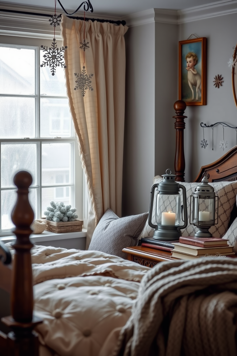 A cozy winter bedroom adorned with vintage decor pieces. Soft, muted colors create a warm atmosphere, featuring an antique wooden bed with a plush quilt and layered throw blankets. On the nightstand, a vintage lantern casts a gentle glow beside a stack of classic books. Delicate snowflake ornaments hang from the window, complementing the frosted glass and adding a touch of winter charm.