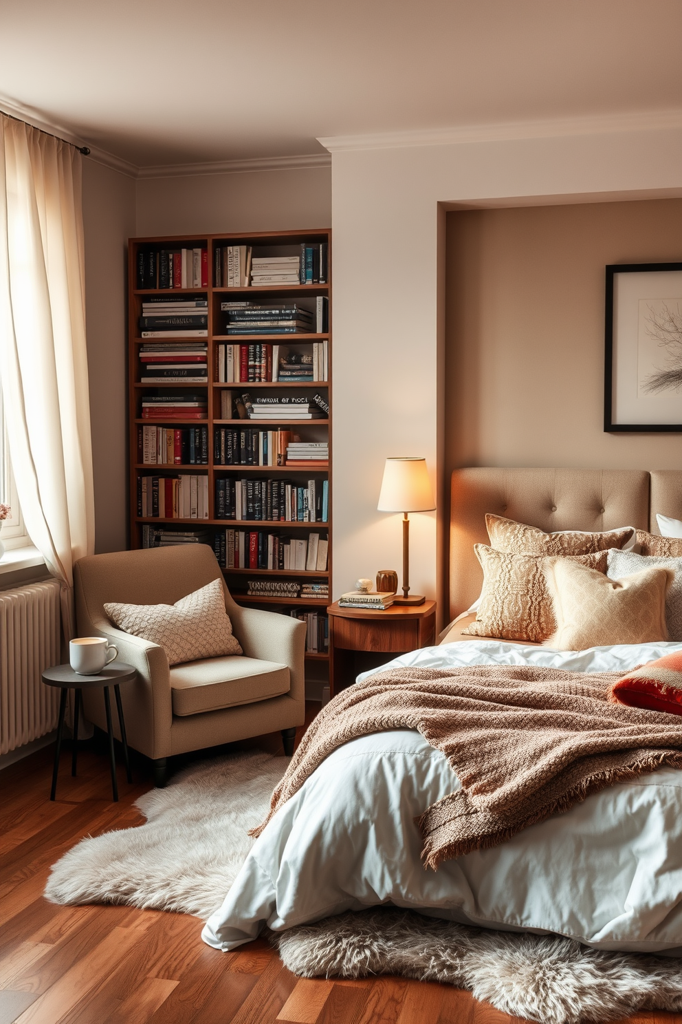 A cozy reading nook bathed in soft, warm lighting. A plush armchair is positioned beside a tall bookshelf filled with an array of books, while a small side table holds a steaming cup of tea. A winter bedroom decorated with soft, neutral tones and layered textiles. A large, inviting bed is adorned with fluffy blankets and decorative pillows, and a faux fur rug adds warmth to the wooden floor.