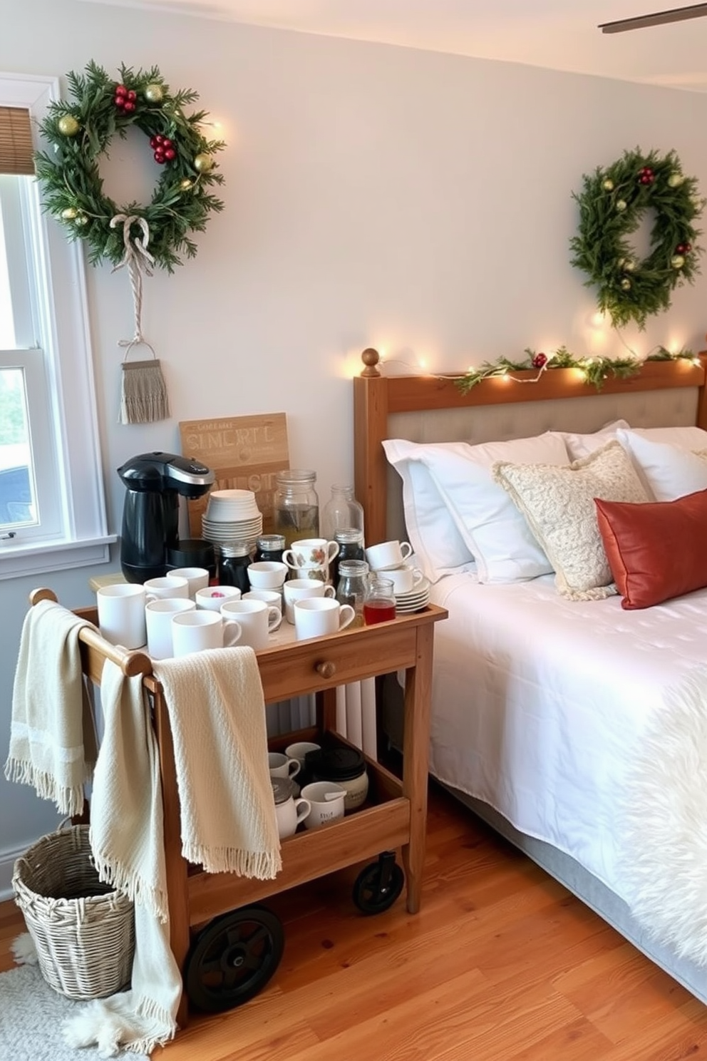 A charming hot beverage station is set up in a cozy corner of the kitchen. It features a rustic wooden cart adorned with a variety of mugs, a coffee maker, and an assortment of teas, with a warm throw blanket draped nearby. The winter bedroom is transformed into a serene retreat with soft white bedding and plush throw pillows. Fairy lights are strung along the headboard, and a faux fur rug adds warmth to the hardwood floor.