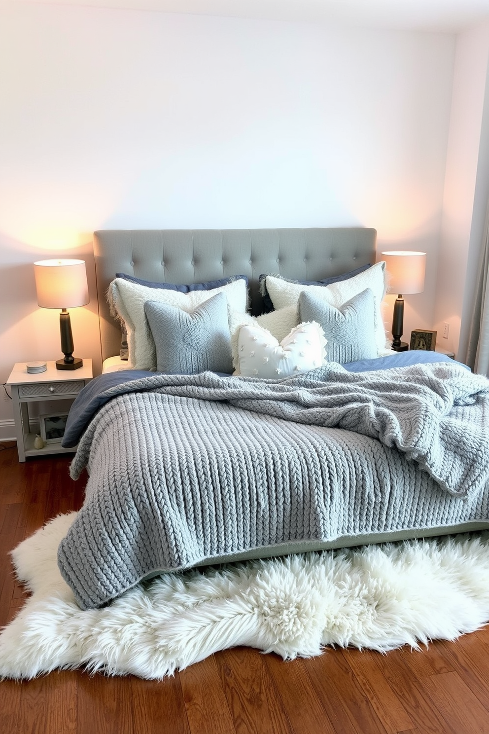 A cozy winter bedroom featuring layered textures with a mix of materials. The bed is adorned with a chunky knit blanket and plush throw pillows in various shades of gray and white. Soft, warm lighting emanates from bedside lamps with fabric shades, casting a gentle glow across the room. A faux fur rug lies beneath the bed, adding warmth and comfort to the hardwood floor.