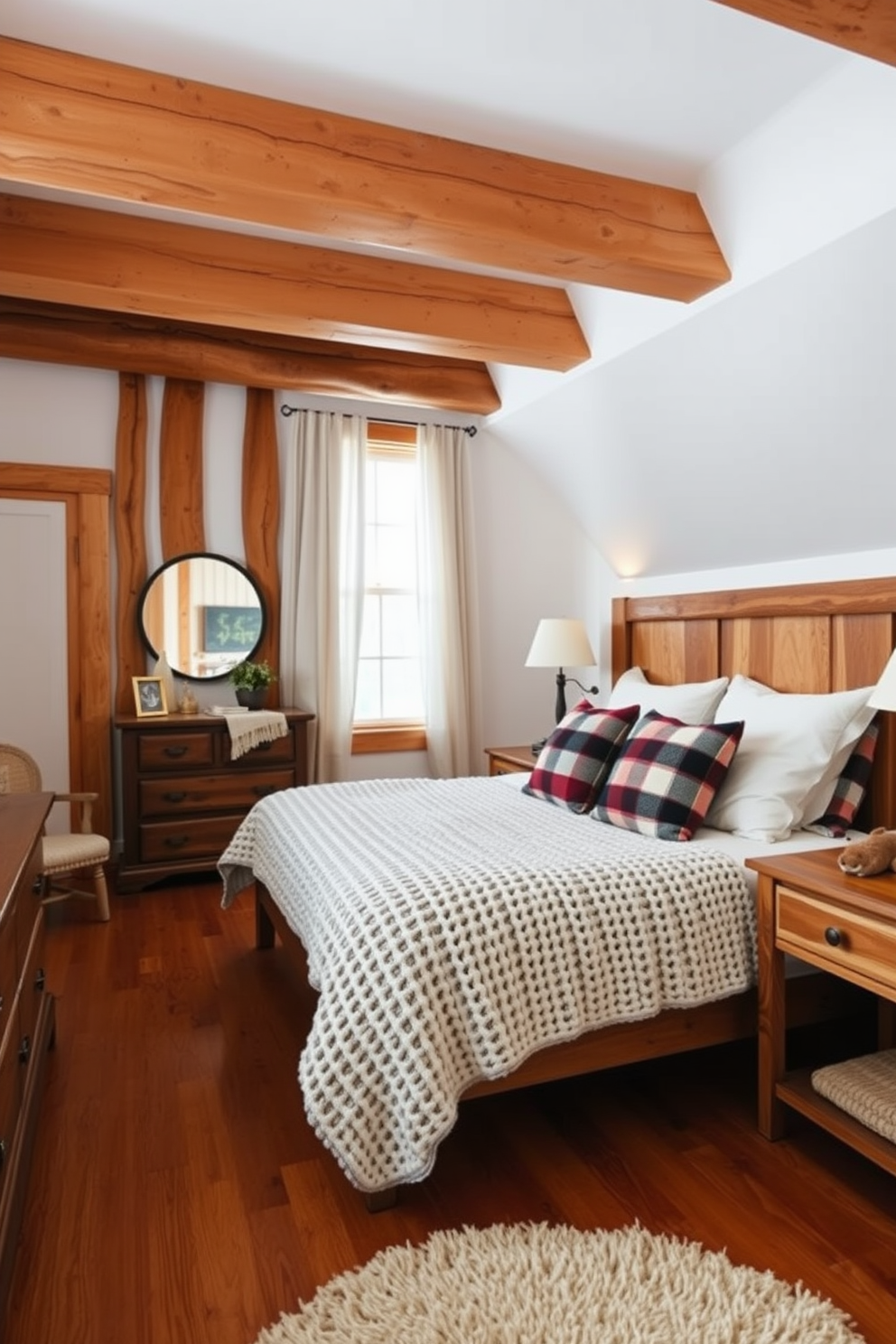 A cozy winter bedroom featuring wooden accents throughout the space. The bed is adorned with a chunky knit blanket and flannel pillows, creating a warm and inviting atmosphere. Natural wood beams line the ceiling, complementing the rustic wooden furniture. A plush area rug with a soft texture rests on the hardwood floor, adding comfort and warmth to the room.